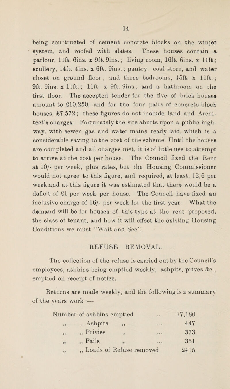 being constructed of cement concrete blocks on the win jet system, and roofed with slates. These houses contain a parlour, lift. 6ins. x 9ft.9ins. ; living room, 16ft. 6ins. x lift.; scullery, 14ft. 4ins. x 6ft. 9ins. ; pantry, coal store, and water closet on ground floor ; and three bedrooms, loft, x lift. ; 9ft. 9ins. x lift.; lift, x 9ft. 9ins., and a bathroom on the first floor. The accepted tender for the five of brick house* amount to £10,250, and for the four pairs of concrete block houses, £7,572 ; these figures do not include land and Archi¬ tect’s charges. Fortunately the site abutts upon a public high¬ way, with sewer, gas and water mains ready laid, which is a considerable saving to the cost of the scheme. Until the houses are completed and all charges met, it is of little use to attempt to arrive at the cost per house The Council fixed the Rent at 10/- per week, plus rates, but the Housing Commissioner would not agree to this figure, and required, at least, 12,6 per week,and at this figure it was estimated that there would be a deficit of £1 per week per house. The Council have fixed an inclusive charge of 16/- per week for the first year. What the demand will be for houses of this type at the rent proposed, the class of tenant, and how it will effect the existing Housing Conditions we must “Wait and See”. REFUSE REMOVAL. The collection of the refuse is carried out by the Council’s employees, ashbins being emptied weekly, ashpits, prives &c., emptied on receipt of notice. Returns are made weekly, and the following is a summary of the years work :— Number of ashbins emptied 77,180 ,, ,, Ashpits 19 ... 447 ,, ,, Privies 9 1 • • • 333 „ ,, Pails 91 • • • 351 ,, ,, Loads of Refuse removed 2415