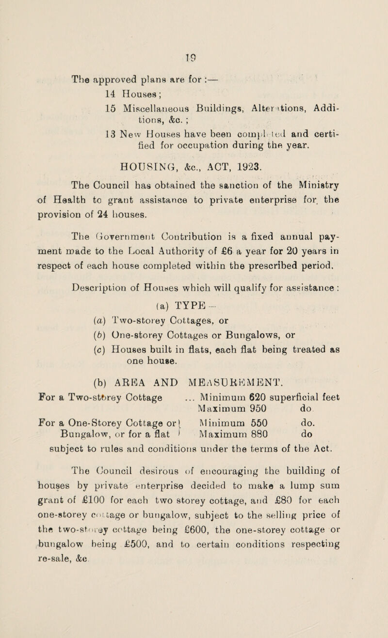The approved plans are for :— 14 Houses; 15 Miscellaneous Buildings, Alterations, Addi¬ tions, &c. ; 13 N ew Houses have been computed and certi¬ fied for occupation during the year. HOUSING, Ac., ACT, 1923. The Council has obtained the sanction of the Ministry of Health to grant assistance to private enterprise for the provision of 24 houses. The Government Contribution is a fixed annual pay¬ ment made to the Local Authority of £6 a year for 20 years in respect of each house completed within the prescribed period. Description of Houses which will qualify for assistance : (a) TYPE — (a) Two-storey Cottages, or (b) One-storey Cottages or Bungalows, or (c) Houses built in flats, each flat being treated as one house. (b) AREA AND MEASUREMENT. For a Two-stbrey Cottage ... Minimum 620 superficial feet Maximum 950 do For a One-Storey Cottage or! Minimum 550 do. Bungalow, or for a flat 1 Maximum 880 do subject to rules and conditions under the terms of the Act. The Council desirous of encouraging the building of houses by private enterprise decided to make a lump sum grant of £100 for each two storey cottage, and £80 for each one-storey cot tage or bungalow, subject to the selling price of the two-storay cottage being £600, the one-storey cottage or bungalow being £500, and to certain conditions respecting re-sale, &c