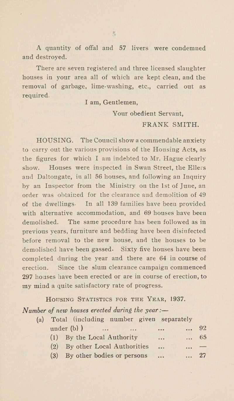A quantity of offal and 57 livers were condemned and destroyed. There are seven registered and three licensed slaughter houses in your area all of which are kept clean, and the removal of garbage, lime-washing, etc., carried out as required. I am, Gentlemen, Your obedient Servant, FRANK SMITH. HOUSING. The Council show a commendable anxiety to carry out the various provisions of the Housing Acts, as the figures for which I am indebted to Mr. Hague clearly show. Houses were inspected in Swan Street, the Billers and Daltongate, in all 56 houses, and following an Inquiry by an Inspector from the Ministry on the 1st of June, an order was obtained for the clearance and demolition of 49 of the dwellings- In all 139 families have been provided with alternative accommodation, and 69 houses have been demolished. The same procedure has been followed as in previous years, furniture and bedding have been disinfected before removal to the new house, and the houses to be demolished have been gassed- Sixty five houses have been completed during the year and there are 64 in course of erection. Since the slum clearance campaign commenced 297 houses have been erected or are in course of erection, to my mind a quite satisfactory rate of progress. Housing Statistics for the Year, 1937. Number of new houses erected during the year:— (a) Total (including number given separately under (b) ) ... ... ... ... 92 (1) By the Local Authority ... ... 65 (2) By other Local Authorities ... ... —