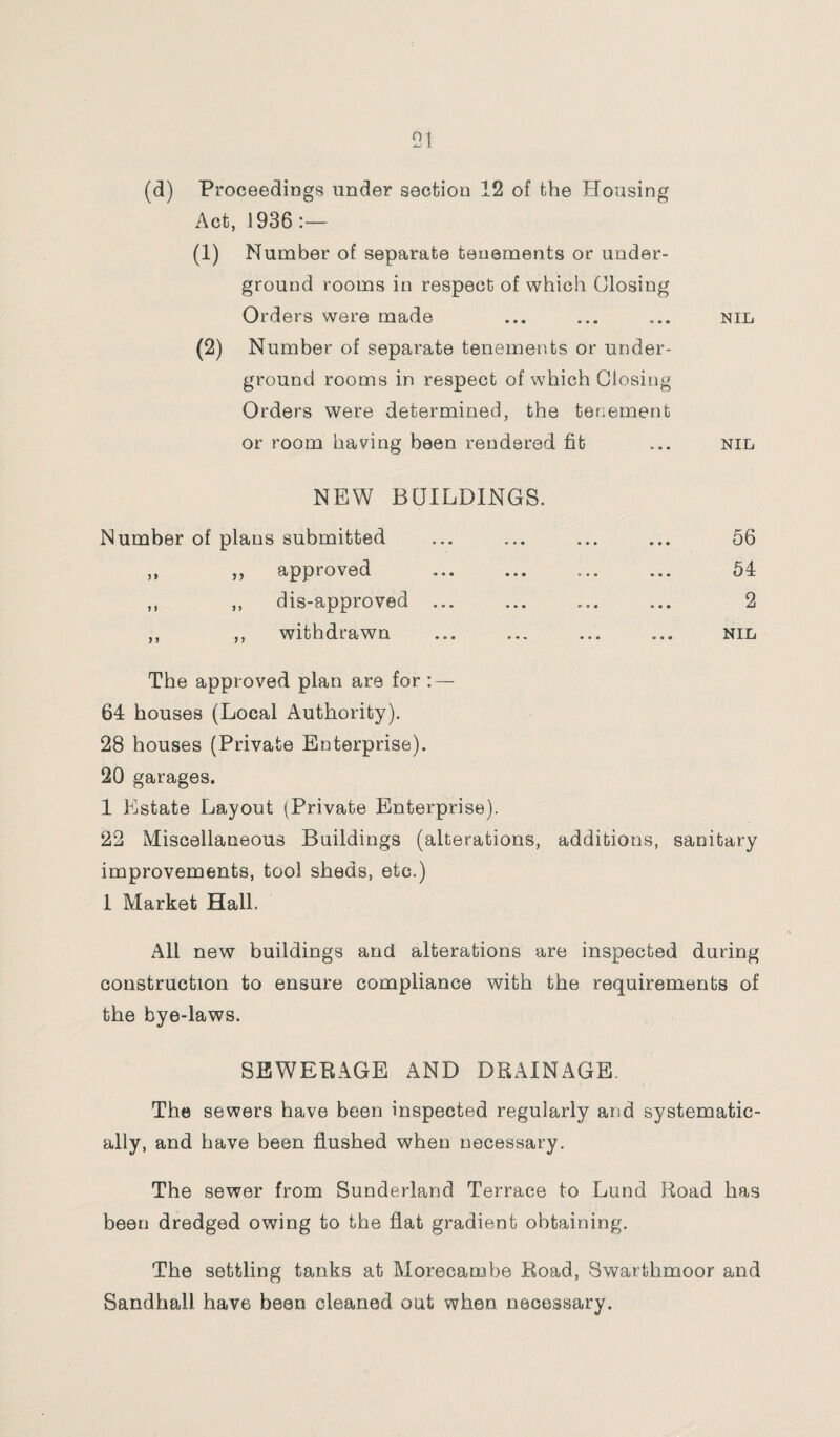 (d) Proceedings under section 12 of the Housing Act, 1936:— (1) Number of separate tenements or under¬ ground rooms in respect of which Closing Orders were made ... ... ... nil (2) Number of separate tenements or under¬ ground rooms in respect of which Closing Orders were determined, the tenement or room having been rendered fit ... nil NEW BUILDINGS. Number of plans submitted ... ... ... ... 56 ,, „ approved ... ... ... ... 54 ,, ,, dis-approved ... ... ... ... 2 ,, ,, withdrawn ... ... ... ... nil The approved plan are for : — 64 houses (Local Authority). 28 houses (Private Enterprise). 20 garages. 1 Estate Layout (Private Enterprise). 22 Miscellaneous Buildings (alterations, additions, sanitary improvements, tool sheds, etc.) I Market Hall. All new buildings and alterations are inspected during construction to ensure compliance with the requirements of the bye-laws. SEWERAGE AND DRAINAGE. The sewers have been inspected regularly arid systematic¬ ally, and have been flushed when necessary. The sewer from Sunderland Terrace to Lund Road has been dredged owing to the flat gradient obtaining. The settling tanks at Morecambe Road, Swarthmoor and Sandhali have been cleaned out when necessary.