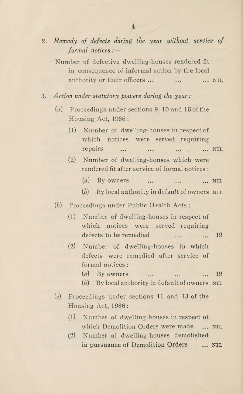 2. Remedy of defects during the year without service of formal notices :— Number of defective dwelling-houses rendered fit in consequence of informal action by the local authority or their officers ... ... ... Nil, 3. Action under statutory powers during the year: (a) Proceedings under sections 9, 10 and 16 of the Housing Act, 1936 : (1) Number of dwelling-houses in respect of which notices were served requiring repairs ... ... ... ... nix (2) Number of dwelling-houses which were rendered fit after service of formal notices : (a) By owners ... ... ... nh. (h) By local authority in default of owners Nil, (h) Proceedings under Public Health Acts : (1) Number of dwelling-houses in respect of which notices were served requiring defects to be remedied ... ... 19 (2) Number of dwelling-houses in which defects were remedied after service of formal notices : (a) By owners ... ... ... 19 (h) By local authority in default of owners Nil. (c) Proceedings under sections 11 and 13 of the blousing Act, 1986: (1) Number of dwelling-houses in respect of which Demolition Orders were made ... Nib (2) Number of dwelling-houses demolished in pursuance of Demolition Orders ... Nib