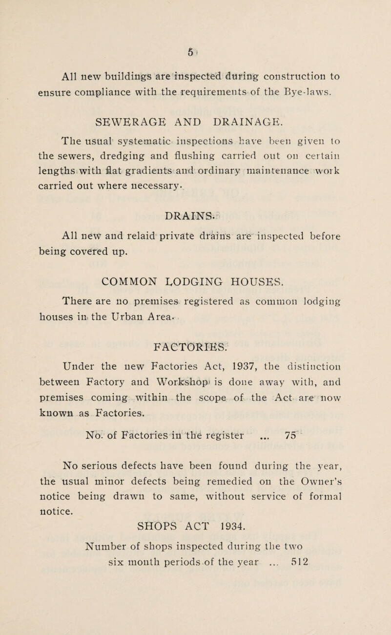 All new buildings are inspected during construction to ensure compliance with the requirements of the Bye-laws. SEWERAGE AND DRAINAGE. The usual systematic inspections have been given to the sewers, dredging and flushing carried out on certain lengths with flat gradients and ordinary maintenance work carried out where necessary. DRAINS. All new and relaid private drains are inspected before being covered up. COMMON LODGING HOUSES. There are no premises registered as common lodging houses in the Urban Area. FACTORIES. Under the new Factories Act, 1937, the distinction between Factory and Workshop* is done away with, and premises coming within the scope of the Act are now known as Factories. No. of Factories in the register ... 75 No serious defects have been found during the year, the usual minor defects being remedied on the Owner’s notice being drawn to same, without service of formal notice. SHOPS ACT 1934. Number of shops inspected during the two six month periods of the year ... 512