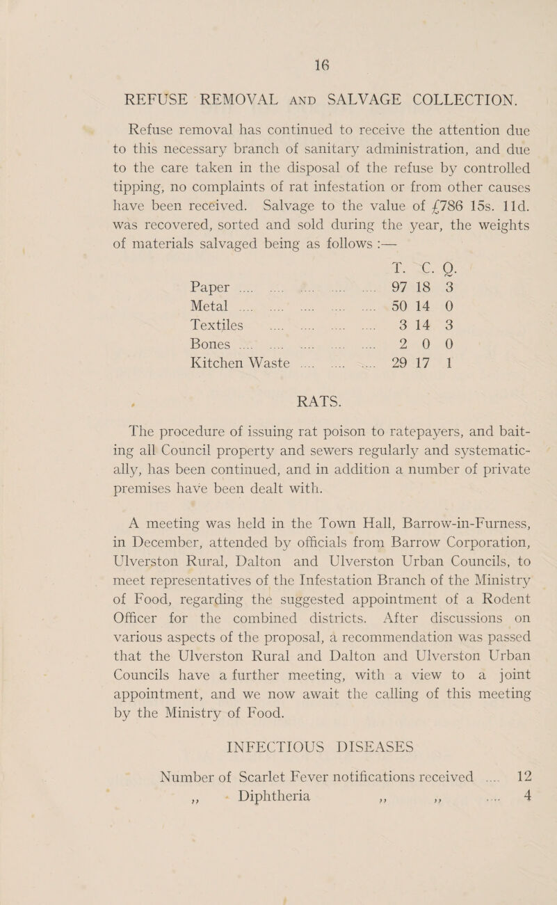 REFUSE REMOVAL and SALVAGE COLLECTION. Refuse removal has continued to receive the attention due to this necessary branch of sanitary administration, and due to the care taken in the disposal of the refuse by controlled tipping, no complaints of rat infestation or from other causes have been received. Salvage to the value of £786 15s. lid. was recovered, sorted and sold during the year, the weights of materials salvaged being as follows :— T. C. 0 rw Paper . .... 97 18 3 Metal . .. 50 14 0 Textiles . . . 3 14 3 Bones . .... 2 0 0 Kitchen Waste . .... 29 17 1 RATS. The procedure of issuing rat poison to ratepayers, and bait¬ ing all Council property and sewers regularly and systematic¬ ally, has been continued, and in addition a number of private premises have been dealt with. A meeting was held in the Town Hall, Barrow-in-Furness, in December, attended by officials from Barrow Corporation, Ldverston Rural, Dalton and Ulverston Urban Councils, to meet representatives of the Infestation Branch of the Ministry of Food, regarding the suggested appointment of a Rodent Officer for the combined districts. After discussions on various aspects of the proposal, a recommendation was passed that the Ulverston Rural and Dalton and Ulverston Urban Councils have a further meeting, with a view to a joint appointment, and we now await the calling of this meeting by the Ministry of Food. INFECTIOUS DISEASES Number of Scarlet Fever notifications received .... 12 ,, Diphtheria ,, ,, .... 4