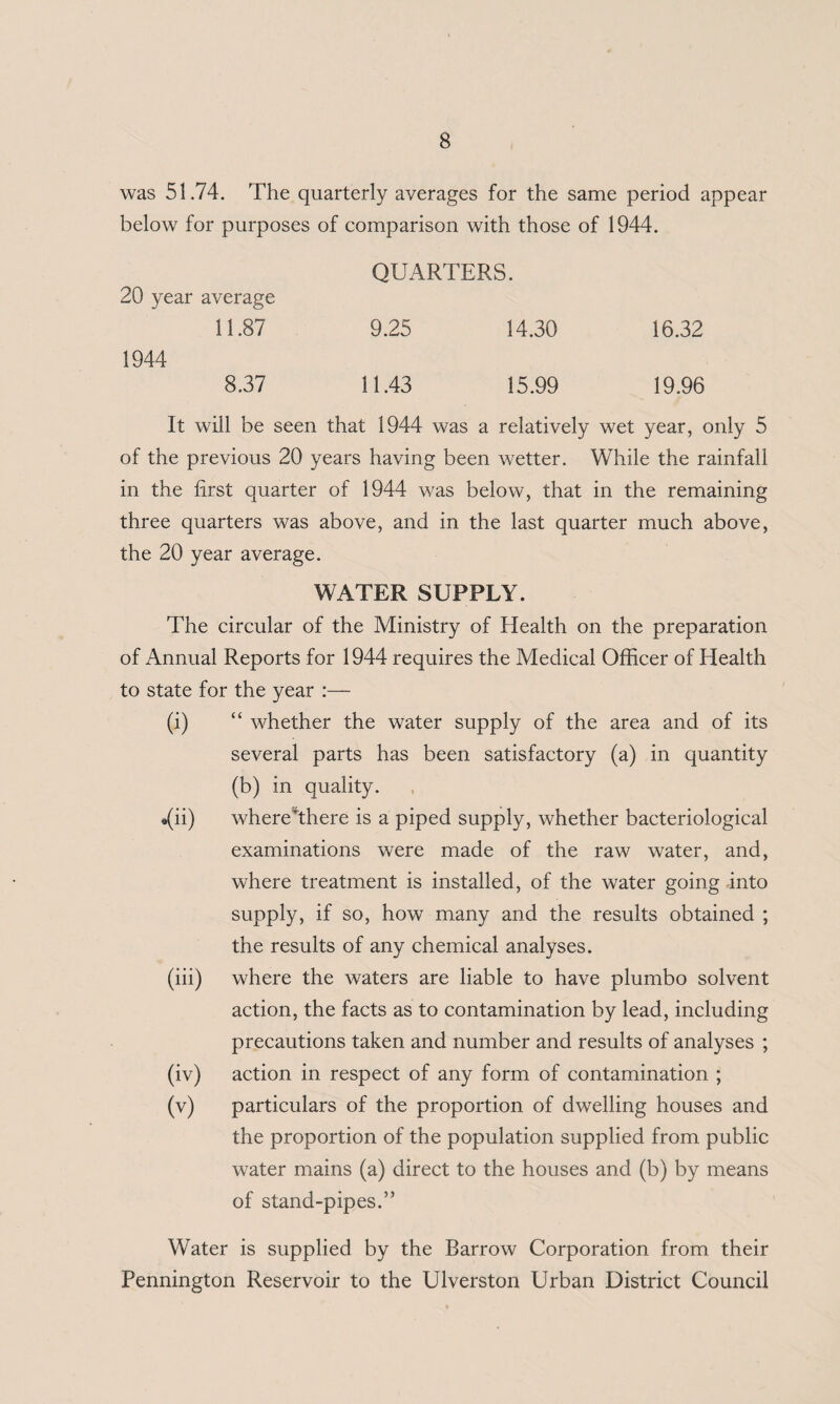 was 51.74. The quarterly averages for the same period appear below for purposes of comparison with those of 1944. QUARTERS. 20 year average 11.87 9.25 14.30 16.32 1944 8.37 11.43 15.99 19.96 It will be seen that 1944 was a relatively wet year, only 5 of the previous 20 years having been wetter. While the rainfall in the first quarter of 1944 was below, that in the remaining three quarters was above, and in the last quarter much above, the 20 year average. WATER SUPPLY. The circular of the Ministry of Health on the preparation of Annual Reports for 1944 requires the Medical Officer of Health to state for the year :— (i) “ whether the water supply of the area and of its several parts has been satisfactory (a) in quantity (b) in quality. «(ii) where there is a piped supply, whether bacteriological examinations were made of the raw water, and, where treatment is installed, of the water going into supply, if so, how many and the results obtained ; the results of any chemical analyses. (iii) where the waters are liable to have plumbo solvent action, the facts as to contamination by lead, including precautions taken and number and results of analyses ; (iv) action in respect of any form of contamination ; (v) particulars of the proportion of dwelling houses and the proportion of the population supplied from public water mains (a) direct to the houses and (b) by means of stand-pipes.” Water is supplied by the Barrow Corporation from their Pennington Reservoir to the Ulverston Urban District Council