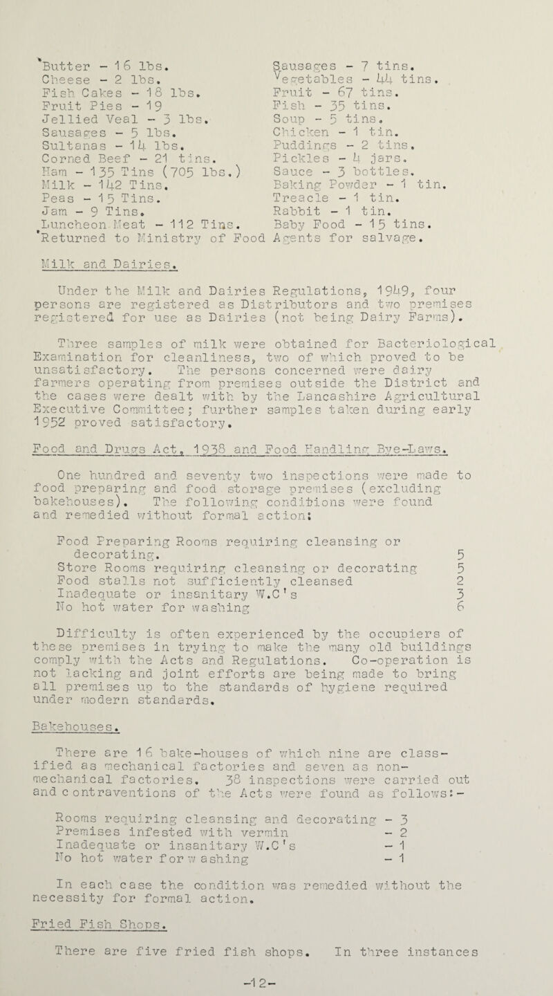 *Butter - 16 lbs. Cheese - 2 lbs. Pish. Cakes - 18 lbs. Fruit Pies - 19 Jellied Veal - 3 lbs. Sausages - 5 lbs. Sultanas - 1U lbs. Corned Beef - 21 tins. Ham -135 Tins (705 lbs.) Milk - 142 Tins. Peas - 1 5 Tins. Jam - 9 Tins. ^Luncheon Meat -112 Tins. Returned to Ministry of Pood Sausages V£ - 7 tins. e.getables - 44 tins. Fruit - 67 tins. Pish - 35 tins. Soup - 5 tins. Chicken - 1 tin. Puddings - 2 tins. Pickles - 4 jars. Sauce - 3 bottles Baking Powder - 1 Treacle - 1 tin. Rabbit - 1 tin. Baby Food - 15 tins. Agents for salvage. tin. Milk and Dairies. Under the Milk and Dairies Regulations, 1949* four persons are registered as Distributors and two premises registered for use as Dairies (not being Dairy Farms). Three samples of milk were obtained for Bacteriological Examination for cleanliness, two of which proved to be unsatisfactory. The persons concerned were dairy farmers operating from premises outside the District and the cases were dealt with by the Lancashire Agricultural Executive Committee; further samples taken during early 1952 proved satisfactory. Food and Drugs Act. 1938 and Food Handling Bye-Laws. One hundred food preparing bakehouses). and remedied and and 1-0 /Ti seventy two inspections were made food storage premises (excluding following conditions were found to without formal action; Food Preparing Rooms requiring cleansing or decorating. 5 Store Rooms requiring cleansing or decorating 5 Food stalls not sufficiently cleansed 2 Inadequate or insanitary W.C’s 3 No hot water for washing 6 Difficulty is often experienced by the occupiers of these premises in trying to make the many old buildings comply with the Acts and Regulations. Co-operation is not lacking and joint efforts are being made to bring all premises up to the standards of hygiene required under modern standards. Bakehouses. There are 16 bake-houses of which nine are class¬ ified as mechanical factories and seven as non- mechanical factories, 38 inspections were carried out and c0ntravent ions of the Acts were found as follows!— Rooms requiring cleansing and decorating - 3 Premises infested with vermin - 2 Inadequate or insanitary W.C’s - 1 No hot water forw ashing - 1 In each case the condition was remedied without the necessity for formal action. Fried Fish Shops. There are five fried fish shops. In three instance s