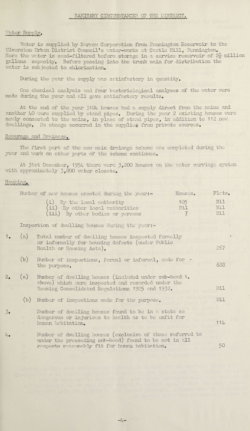 SANITARY CEtCUMSTANCES 01 THE DISTRICT. dter Supply. later is supplied by Barrow Corporation from Ulverston Urban District Council’s water-works at Here the water is sand-filtered before stora.ge in gallons capacity. Before passing into the trunk water is subjected to chlorination. Pennington Reservoir to the Castle Hill, Pennington, a service reservoir of 2^; million main for distribution the During the 3^ear the supply was satisfactory in quantity. One chemical analysis and four bacteriological analyses of the water were made during the year and all gave sa.tisfactory results. At the end of the year 3184 houses had a supply direct from the mains and another 40 were supplied by stand pipes. During the year 2 existing houses were newly connected to the mains, in pla.ee of stand pipes, in addition to 112 new dwellings. Ho change occurred in the supplies from privet;e sources. Sewerage and Dra.ina.ge, The first part of the new main drainage scheme was completed during the year and work on other parts of the scheme continues. At 31st December, 1954 there were 3*200 houses on the water carriage system with approximately 3*800 water closets. Housing, Number of new houses erected during the year:- Houses, Flats 1 b) By the local a: uthority 105 Nil l Jii) By other loca. 1 authorities Nil Nil I ' . . . > ) By other bodies or persons 7 Nil Inspection of dwelling houses during the year:- 1. (a) Total number of dwelling houses inspected formally or informally for housing defects (under Public Health or Housing Acts), 267 (b) Number of inspections, formal or informal, ma.de for * the purpose. 688 2, (a) Number of dwelling houses (included under sub-head. 1, above) which were inspected and recorded under the Housing Consolidated Regulations 1925 and 1932, Nil (b) Number of inspections ma.de for the purpose. Nil 7 5* Number of dwelling houses found to be in a. state so dangerous or injurious to health as to be unfit for human habitation. 114 4. Number of dwelling houses (exclusive of those referred to under the prcsccding sub-head) found to be not in all respects reasonably fit for human habitation. 50 -4-