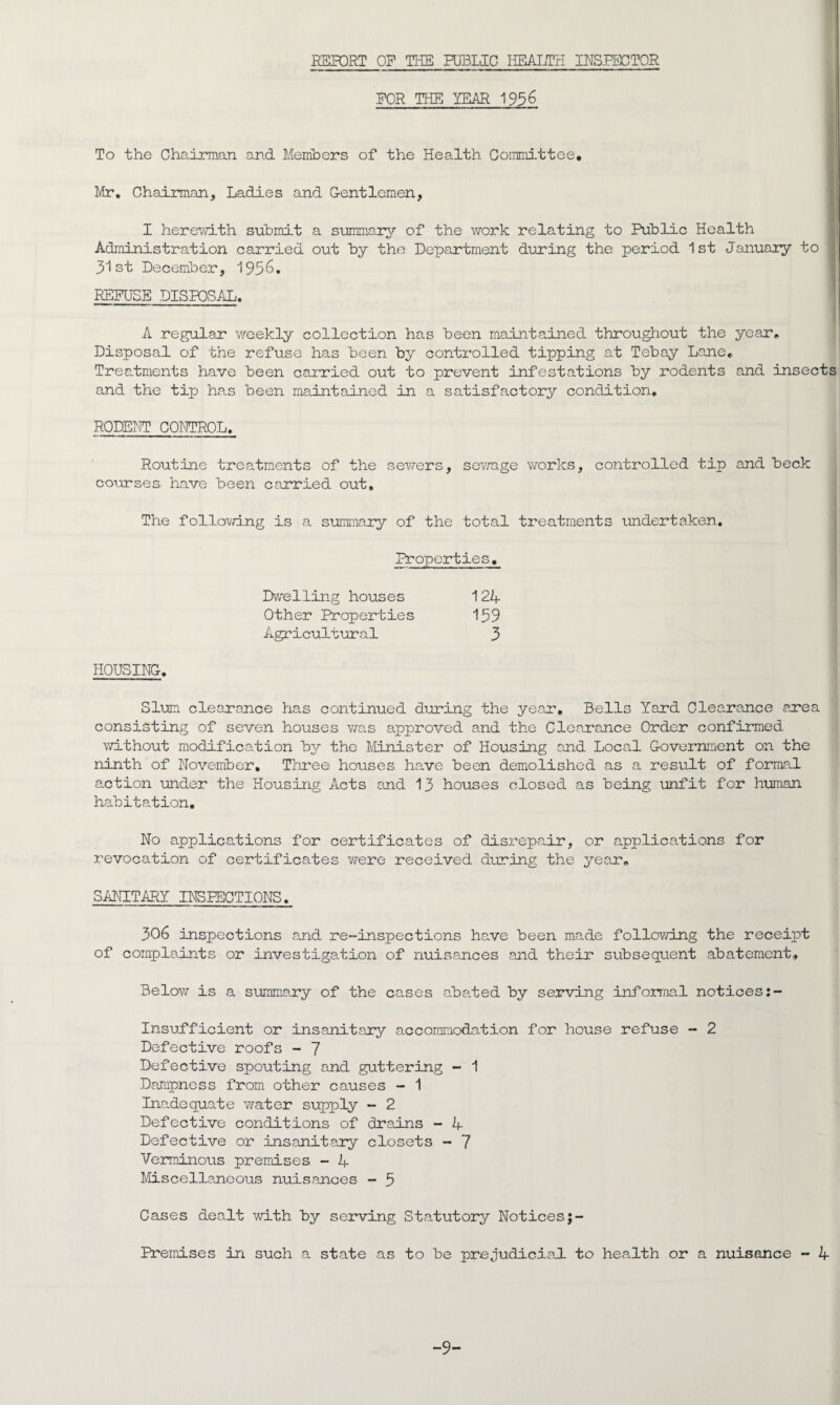 REPORT OP THE PUBLIC HEALTH INSPECTOR FOR THE YEAR 1956 To the Chairman and Members of the Health Committee. Mr. Chairman, Ladies and Gentlemen, I herewith submit a summary of the work relating to Public Health Administration carried out by the Department during the period 1st January to i 31st December, 1956. REFUSE DISPOSAL. A regular weekly collection has been maintained throughout the year. Disposal of the refuse has been by controlled tipping at Tebay Lane. Treatments have been carried out to prevent infestations by rodents and insects and the tip has been maintained in a satisfactory condition. RODENT CONTROL. Routine treatments of the sewers, sewage works, controlled tip and beck courses have been carried out. The following is a summary of the total treatments undertaken. Properties. Dwelling houses 1 24 Other Properties 159 Agricultural 3 HOUSING. Slum clearance has continued during the year. Bells Yard Clearance area consisting of seven houses was approved and the Clearance Order confirmed without modification by the Minister of Housing and Local Government on the ninth of November. Three houses have been demolished as a result of formal action under the Housing Acts and 13 houses closed as being unfit for human habitation. No applications for certificates of disrepair, or applications for revocation of certificates were received during the year. SANITARY INSPECTIONS. 306 inspections and re-inspections have been made following the receipt of complaints or investigation of nuisances and their subsequent abatement. Below is a summary of the cases abated by serving informal notices Insufficient or insanitary accommodation for house refuse - 2 Defective roofs - 7 Defective spouting and guttering - 1 Dampness from other causes - 1 Inadequate water supply - 2 Defective conditions of drains - 4 Defective or insanitary closets - 7 Verminous premises - 4 Miscellaneous nuisances - 5 Cases dealt with by serving Statutory Noticesj- Premises in such a state as to be prejudicial to health or a nuisance - 4 -9-