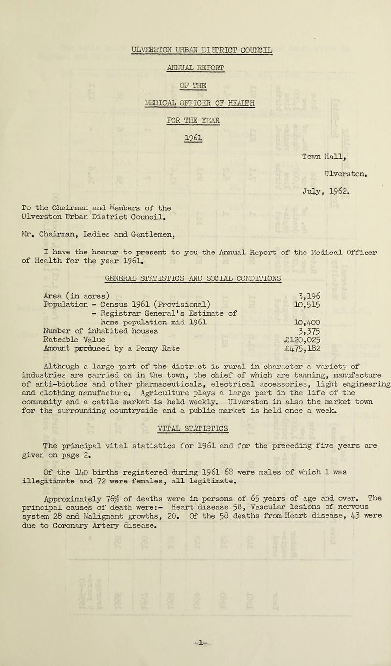 ULVERSTON URBAN PI .STRICT COUNCIL ANNUAL REPORT OP THE 'EPICAL OFIICER OF HEALTH FOR THE THAR 1961 Town Hall, Ulverston. July, 1962. To the Chairman and Members of the Ulverston Urban District Council. Mr. Chairman, Ladies and Gentlemen, I have the honour to present to you the Annual Report of the Medical Officer of Health for the year 1961. GENERAL STATISTICS AND SOCIAL CONDITIONS Area (in acres) 3,196 Population - Census 1961 (Provisional) 10,515 - Registrar General's Estimate of home population mid 1961 10,LOO Number of inhabited houses 3,375 Rateable Value £120,025 Amount produced by a Penny Rate £475,182 Although a large part of the district is rural in character a variety of industries are carried on in the town, the chief of which are tanning, manufacture of anti-biotics and other pharmaceuticals, electrical accessories, light engineering and clothing manufacture. Agriculture plays a large part in the life of the community and a cattle market is held weekly. Ulverston in also the market town for the surrounding countryside and a public market is held once a week. VITAL STATISTICS The principa.1 vital statistics for 1961 and for the preceding five years are given on page 2. Of the 1L0 births registered during I96I 68 were males of which 1 was illegitimate and 72 were females, all legitimate. Approximately 7&/o of deaths were in persons of 65 years of age and over. The principa.1 causes of death were:— Heart disease 58, Vascular lesions of nervous system 28 and Malignant growths, 20. Of the 58 deaths from Heart disease, L3 were due to Coronary Artery disease.