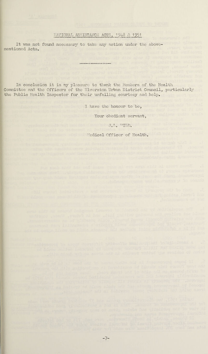 It was not found necessary to take any action under the above- mentioned Acts. In conclusion it is my pleasure to thank the Members of the Health Committee and the Officers of the Ulvcrston Urban District Council, particularly the Public Health Inspector for their unfailing courtesy and help. I have the honour to be, Your obedient servant, J.L. TLP. redical Officer of Health. -7-