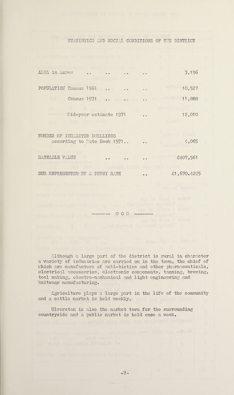 STATISTICS AITD SOCHI. CONDITIONS OF THE DISTRICT AREA in Ac: c o cm o 0 • ♦ 3,196 POPULATION Census 1961 o m 10,527 Census 1971 0 0 11,888 Mid-year estimate 1971 m m 12,010 NUMBER OF INHABITED DUELLINGS according to Rato Book 1971.. .. 4,065 RATEABLE VALUE . . .. .. £407,561 SUM REPRESENTED BY A PENNY RATE .. £1,670.4225 0 0 0 Although a large part of the district is rural in character a variety of industries are carried on in the town, the chief of which are manufacture of anti-biotics and other pharmaceuticals, electrical accessories, electronic components, tanning, brewing, tool making, electro-mechanical .and light engineering and knitwear manufacturing. Agriculture plays a large part in the life of the community and a cattle market is held weekly. Ulverston is also the market town for the surrounding countryside and a public market is held once a week. -7-
