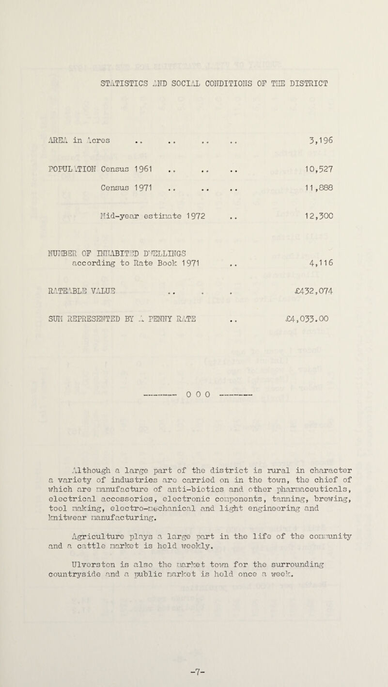 STATISTICS AND SOCIAL CONDITIONS OP THE DISTRICT AREA in lores .. . . .. .. 3,196 POPUL ATION Census 1961 .. ., .. 10,527 Census 1971 .. .. .. 11,888 Mid-year estimate 1972 .. 12,300 NUMBER OP INHABITED DUELLINGS according to Rate Book 1971 .. 4,116 RATE.1BLE VALUE .. . . £432,074 SUM REPRESENTED BY A PENNY RATE .. £4,033.00 0 0 0 Although a large part of the district is rural in character a variety of industries are carried on in the town, the chief of which are manufacture of anti-biotics and other pharmaceuticals, electrical accessories, electronic components, tanning, brewing, tool making, electro-mechanical and light engineering and knitwear manufacturing. Agriculture plays a large part in the life of the community and a cattle market is held weekly. Ulverston is also the market town for the surrounding countryside and a public market is held once a week. -7-