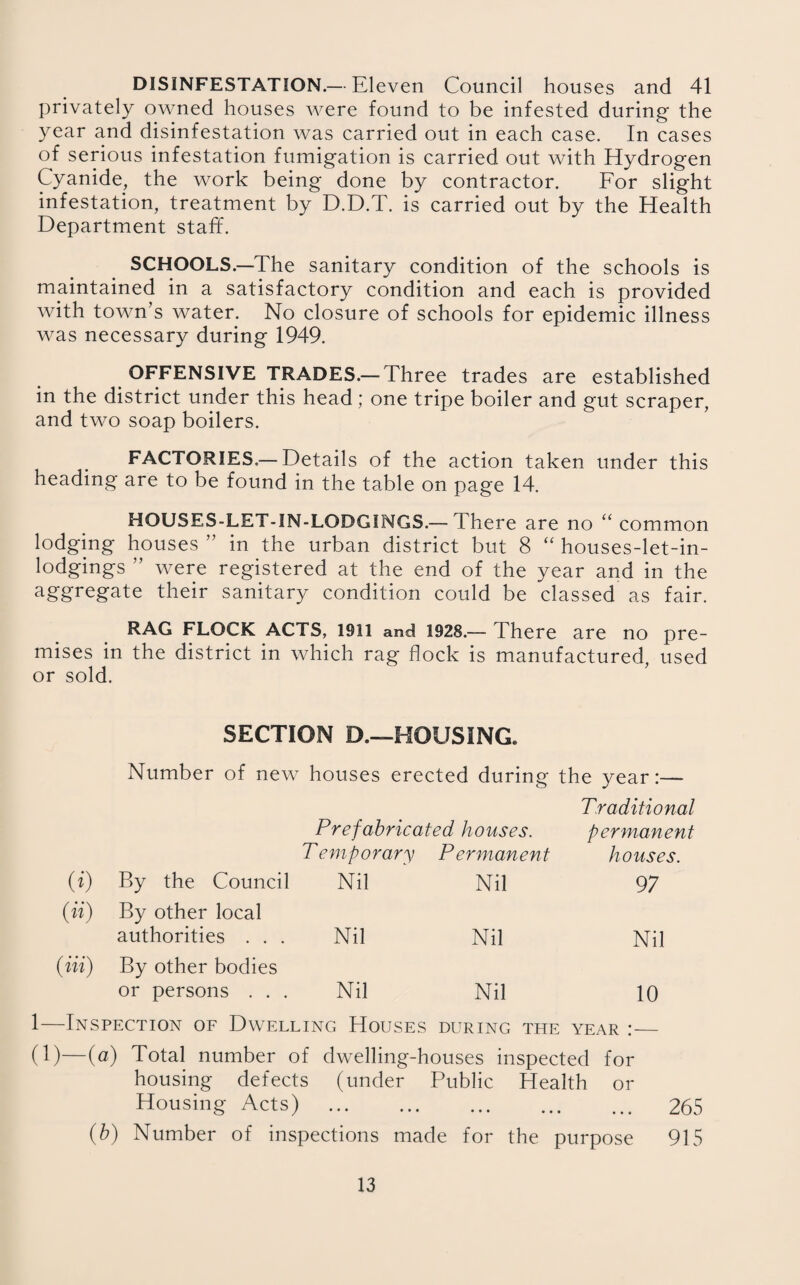 DISINFESTATION.— Eleven Council houses and 41 privately owned houses were found to be infested during the year and disinfestation was carried out in each case. In cases of serious infestation fumigation is carried out with Hydrogen Cyanide, the work being done by contractor. For slight infestation, treatment by D.D.T. is carried out by the Health Department staff. SCHOOLS.—The sanitary condition of the schools is maintained in a satisfactory condition and each is provided with town’s water. No closure of schools for epidemic illness was necessary during 1949. OFFENSIVE TRADES.— Three trades are established in the district under this head; one tripe boiler and gut scraper, and two soap boilers. FACTORIES— Details of the action taken under this heading are to be found in the table on page 14. HOUSES-LET-IN-LODGINGS.— There are no “ common lodging houses ” in the urban district but 8 “ houses-let-in- lodgings ” were registered at the end of the year and in the aggregate their sanitary condition could be classed as fair. RAG FLOCK ACTS, 1911 and 1928.— There are no pre¬ mises in the district in which rag flock is manufactured, used or sold. SECTION D.—HOUSING, Number of new houses erected during the year:— Traditional Prefabricated houses. permanent Temporary Permanent houses. (») By the Council Nil Nil 97 (») By other local authorities . . . Nil Nil Nil (Hi) By other bodies or persons . . . Nil Nil 10 —Inspection of Dwelling Houses DURING THE YEAR :- (1)—(a) Total number of dwelling-houses inspected for housing defects (under Public Health or Housing Acts) . 265 (b) Number of inspections made for the purpose 915