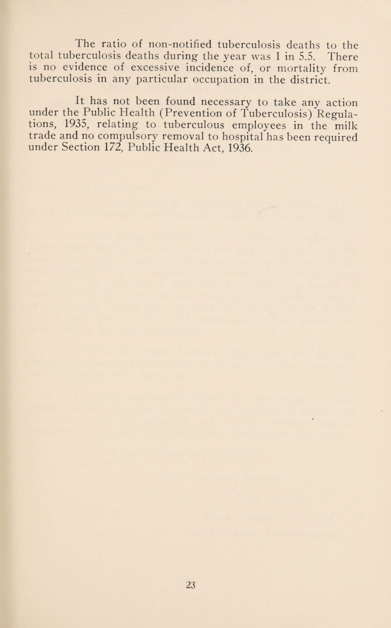 The ratio of non-notified tuberculosis deaths to the total tuberculosis deaths during the year was 1 in 5.5. There is no evidence of excessive incidence of, or mortality from tuberculosis in any particular occupation in the district. It has not been found necessary to take any action under the Public Health (Prevention of Tuberculosis) Regula¬ tions, 1935, relating to tuberculous employees in the milk trade and no compulsory removal to hospital has been required under Section 172, Public Health Act, 1936.