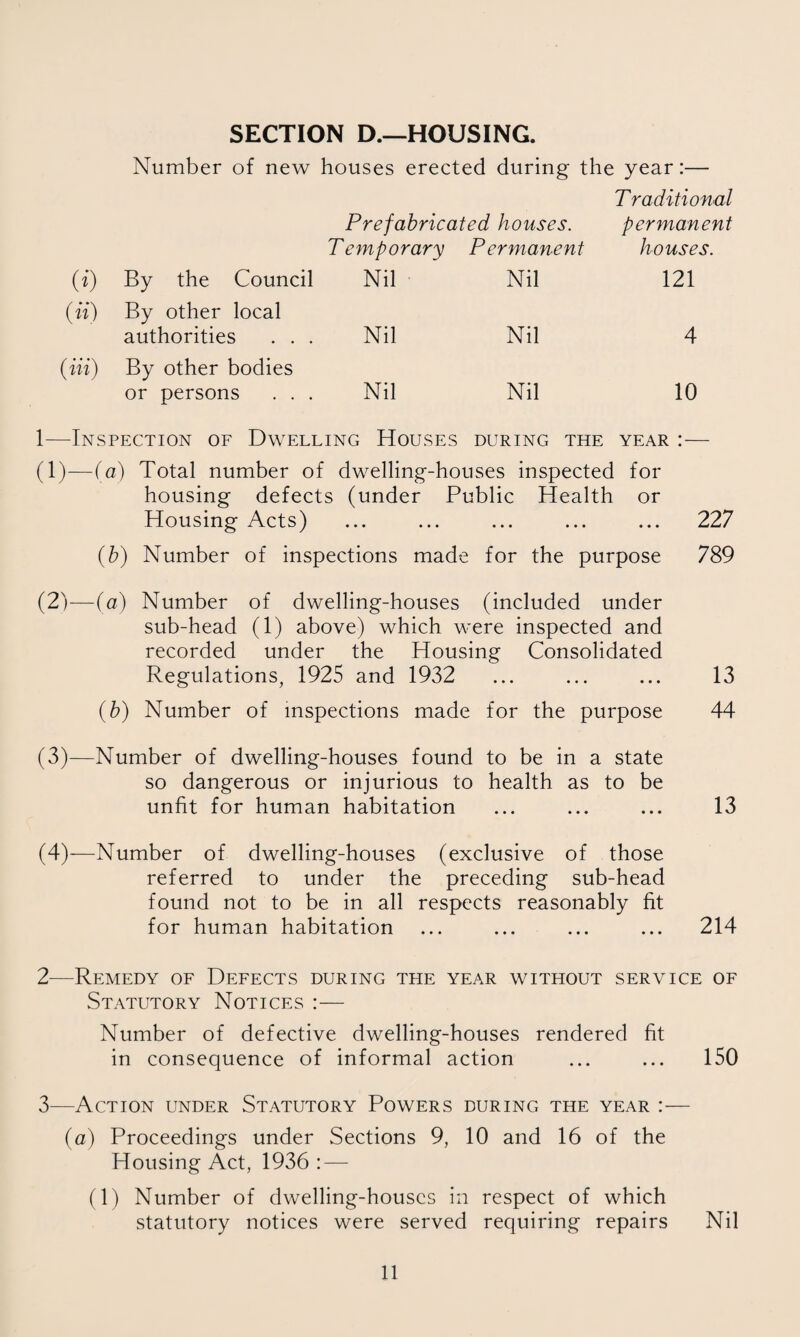 SECTION D.—HOUSING. Number of new houses erected during the year:— T raditional Prefabricated houses. permanent Temporary P ermanent houses. (*■) By the Council Nil Nil 121 (m) By other local authorities . . . Nil Nil 4 {in) By other bodies or persons . . . Nil Nil 10 1— Inspection of Dwelling Houses during the year :— (1) —(a) Total number of dwelling-houses inspected for housing defects (under Public Health or Housing Acts) ... ... ... ... ... 227 {h) Number of inspections made for the purpose 789 (2) —(a) Number of dwelling-houses (included under sub-head (1) above) which were inspected and recorded under the Housing Consolidated Regulations, 1925 and 1932 ... ... ... 13 {b) Number of inspections made for the purpose 44 (3) —Number of dwelling-houses found to be in a state so dangerous or injurious to health as to be unfit for human habitation ... ... ... 13 (4) —Number of dwelling-houses (exclusive of those referred to under the preceding sub-head found not to be in all respects reasonably fit for human habitation ... ... ... ... 214 2— Remedy of Defects during the year without service of Statutory Notices :— Number of defective dwelling-houses rendered fit in consequence of informal action ... ... 150 3— Action under Statutory Powers during the year :— (a) Proceedings under Sections 9, 10 and 16 of the Housing Act, 1936 : — (1) Number of dwelling-houses in respect of which statutory notices were served requiring repairs Nil