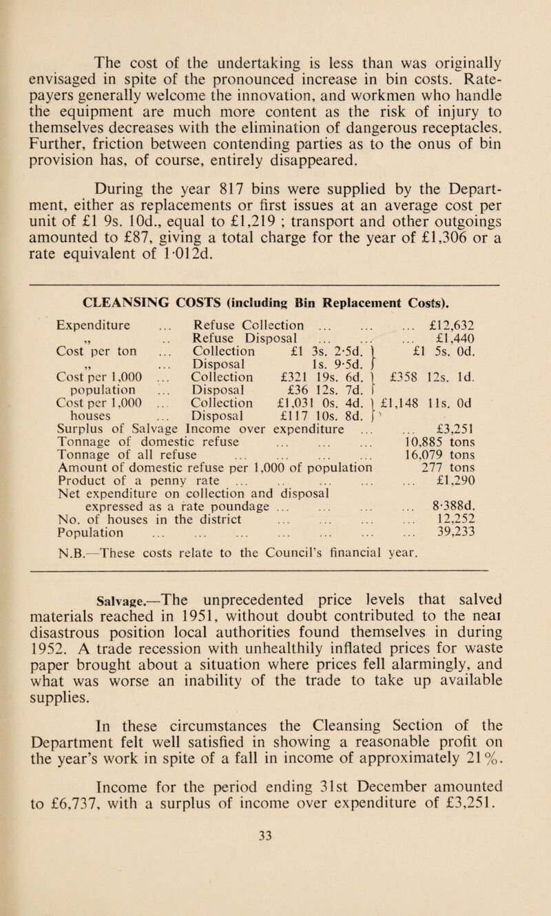 The cost of the undertaking is less than was originally envisaged in spite of the pronounced increase in bin costs. Rate¬ payers generally welcome the innovation, and workmen who handle the equipment are much more content as the risk of injury to themselves decreases with the elimination of dangerous receptacles. Further, friction between contending parties as to the onus of bin provision has, of course, entirely disappeared. During the year 817 bins were supplied by the Depart¬ ment, either as replacements or first issues at an average cost per unit of £1 9s. lOd., equal to £1,219 ; transport and other outgoings amounted to £87, giving a total charge for the year of £1,306 or a rate equivalent of 1-012d. CLEANSING COSTS (including Bin Replacement Costs). Expenditure Refuse Celle ction ... ... £12,632 Refuse Disposal ... £1,440 Cost per ton Collection £1 3s. 2-5d. £1 5s. Od. ... Disposal Is. 9-5d. i Cost per 1,000 ... Collection £321 19s. 6d. £358 12s. Id. population Disposal £36 12s. 7d. Cost per 1,000 ... Collection £1,031 Os. 46. £1,148 11s. Od houses Disposal £117 10s. 8d. ' > Surplus of Salvage Income over expenditure ... £3,251 Tonnage of domestic refuse 10,885 tons Tonnage of all refuse 16,079 tons Amount of domestic refuse per 1,000 of population 277 tons Product of a penny rate ... . . . ... £1,290 Net expenditure on collection and disposal expressed as a rate poundage ... 8-388d. No. of houses in the district 12,252 Population ... ... ... 39,233 N.B.—These costs relate to the Council’s financial year. Salvage.—The unprecedented price levels that salved materials reached in 1951, without doubt contributed to the neai disastrous position local authorities found themselves in during 1952. A trade recession with unhealthily inflated prices for waste paper brought about a situation where prices fell alarmingly, and what was worse an inability of the trade to take up available supplies. In these circumstances the Cleansing Section of the Department felt well satisfied in showing a reasonable profit on the year’s work in spite of a fall in income of approximately 21%. Income for the period ending 31st December amounted to £6,737, with a surplus of income over expenditure of £3,251.