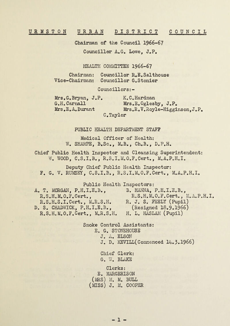 Chairman of the Council 1966-67 Councillor A.G. Lowe, J.P. HEALTH COMMITTEE 1966-67 Chairman: Councillor R.E.Salthouse Vice-Chairman: Councillor G.Stonier Councillors:- Mrs.G.Bryan, J.P. K.C.Hardman G.H.Carnall Mrs.E.Oglesby, J.P. Mrs.E. A. Durant Mrs.R.V.Royle-Higginson, J.P. C.Taylor PUBLIC HEALTH DEPARTMENT STAFF Medical Officer of Health: W. SHARPE, B.Sc., M.B., Ch.B., D.P.H. Chief Public Health Inspector and Cleansing Superintendent: W. WOOD, C.S.I.B., R.S.I.M.O.F.Cert., M.A.P.H.I. Deputy Chief Public Health Inspector: F. G. V. RUMSEY, C.S.I.B., R.S.I.M.O.F.Cert., M.A.P.H.I. Public Health Inspectors: A. T. MORGAN, P.H.I.E.B., R.S.H.M.O.F.Cert., R.S.H.S.I.Cert., M.R.S.H. D. S. CHADWICK, P.H.I.E.B., R.S.H.M.O.F.Cert., M.R.S.H. B. HANNA, P.H.I.E.B., R.S.H.M.O.F.Cert., M.A.P.H.I. R. J. S. FEELY (Pupil) (Resigned 18.9.1966) H. L. HAS LAI'J (Pupil) Smoke Control Assistants: E. G. STONEHOUSE J. A. ELSON J. D. KEVILL(Commenced 14.3.1966) Chief Clerk: G. W. BLAKE Clerks: E. MARGERISON (MRS) M. M. BULL (MISS) J. M. COOPER 1