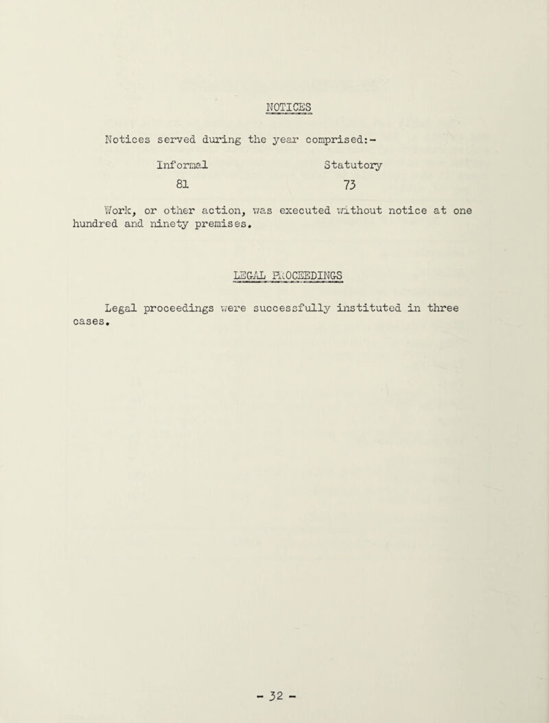 NOTICES Notices served during the year comprised:- Informal Statutory 81 73 Work, or other action, was executed without notice at one hundred and ninety premises. LEGAL PilOCEEDING-S Legal proceedings were successfully instituted in three cases.