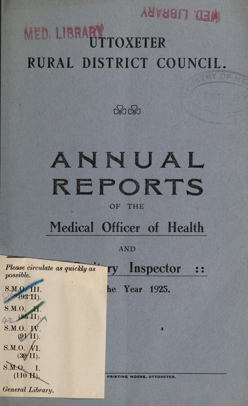 RURAL DISTRICT COUNCIL. ANNUAL REPORTS OF THE « Medical Officer of Health AND Please circulate as quickly a^ ~~fy IllSpCCtOf I I nnr\oo/th\l r) _ he Year 1925. PRINTING WORKS, UTTOXETER. General Library. mil).