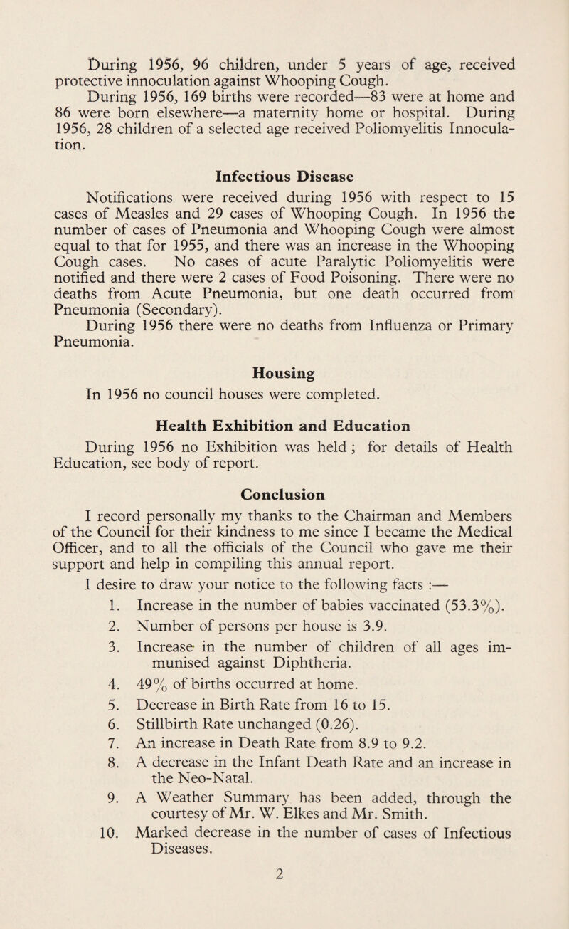During 1956, 96 children, under 5 years of age, received protective innoculation against Whooping Cough. During 1956, 169 births were recorded—83 were at home and 86 were born elsewhere—a maternity home or hospital. During 1956, 28 children of a selected age received Poliomyelitis Innocula¬ tion. Infectious Disease Notifications were received during 1956 with respect to 15 cases of Measles and 29 cases of Whooping Cough. In 1956 the number of cases of Pneumonia and Whooping Cough were almost equal to that for 1955, and there was an increase in the Whooping Cough cases. No cases of acute Paralytic Poliomyelitis were notified and there were 2 cases of Food Poisoning. There were no deaths from Acute Pneumonia, but one death occurred from Pneumonia (Secondary). During 1956 there were no deaths from Influenza or Primary Pneumonia. Housing In 1956 no council houses were completed. Health Exhibition and Education During 1956 no Exhibition was held; for details of Health Education, see body of report. Conclusion I record personally my thanks to the Chairman and Members of the Council for their kindness to me since I became the Medical Officer, and to all the officials of the Council who gave me their support and help in compiling this annual report. I desire to draw your notice to the following facts :— 1. Increase in the number of babies vaccinated (53.3%). 2. Number of persons per house is 3.9. 3. Increase in the number of children of all ages im¬ munised against Diphtheria. 4. 49% of births occurred at home. 5. Decrease in Birth Rate from 16 to 15. 6. Stillbirth Rate unchanged (0.26). 7. An increase in Death Rate from 8.9 to 9.2. 8. A decrease in the Infant Death Rate and an increase in the Neo-Natal. 9. A Weather Summary has been added, through the courtesy of Mr. W. Elkes and Mr. Smith. 10. Marked decrease in the number of cases of Infectious Diseases.