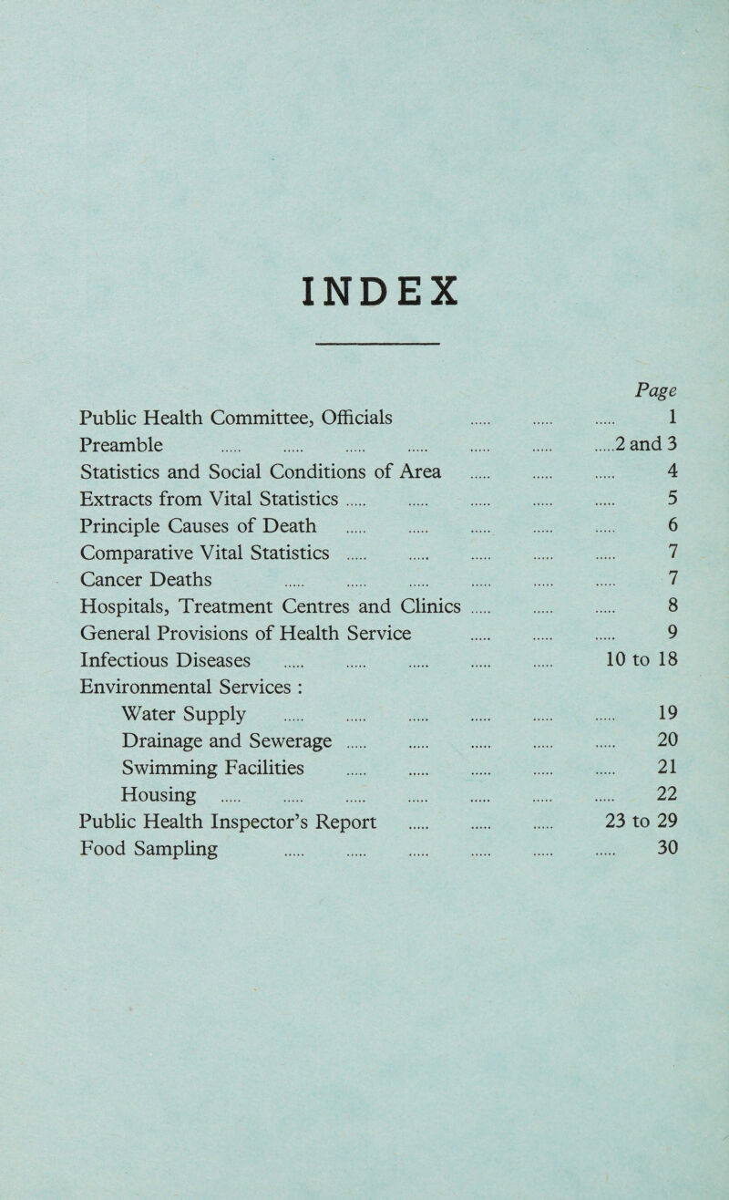 INDEX Page Public Health Committee, Officials 1 Preamble .2 and 3 Statistics and Social Conditions of Area . 4 Extracts from Vital Statistics. 5 Principle Causes of Death . 6 Comparative Vital Statistics . 7 Cancer Deaths 7 Hospitals, Treatment Centres and Clinics. 8 General Provisions of Health Service . 9 Infectious Diseases . 10 to 18 Environmental Services : Water Supply . 19 Drainage and Sewerage . 20 Swimming Facilities . 21 Housing . 22 Public Health Inspector’s Report . 23 to 29 Food Samphng 30