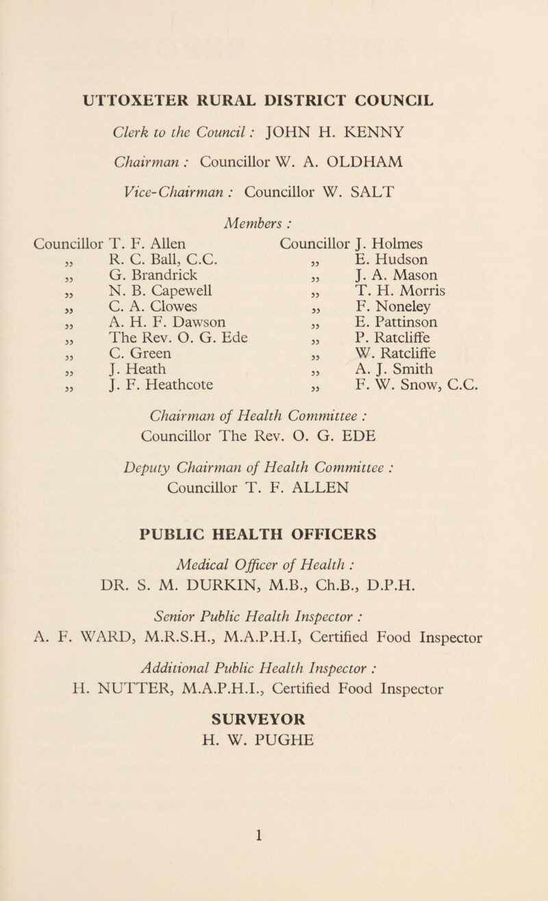 UTTOXETER RURAL DISTRICT COUNCIL Clerk to the Council: JOHN H. KENNY Chairman : Councillor W. A. OLDHAM Vice-Chairman : Councillor W. SALT Members : Councillor T. F. Allen Councillor J. Holmes 5J R. C. Ball, C.C. 55 E. Hudson 55 G. Brandrick 55 J. A. Mason 55 N. B. Capewell 55 T. H. Morris >5 C. A. Clowes 55 F. Noneley 55 A. H. F. Dawson 55 E. Pattinson 55 The Rev. O. G. Ede 55 P. Ratcliffe 55 C. Green 55 W. Ratcliffe 55 J. Heath 55 A. J. Smith 55 J. F. Heathcote 55 F. W. Snow, Chairman of Health Committee : Councillor The Rev. O. G. EDE Deputy Chairman of Health Committee : Councillor T. F. ALLEN PUBLIC HEALTH OFFICERS Medical Officer of Health : DR. S. M. DURKIN, M.B., Ch.B., D.P.H. Senior Public Health Inspector : A. F. WARD, M.R.S.H., M.A.P.H.I, Certified Food Inspector Additional Public Health Inspector : It. NUTTER, M.A.P.H.I., Certified Food Inspector SURVEYOR H. W. PUGHE