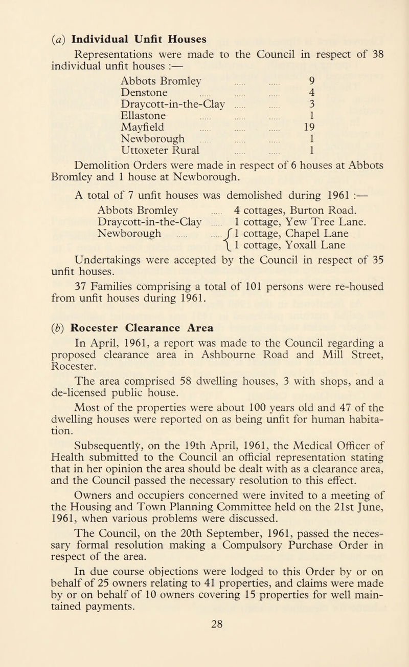 {a) Individual Unfit Houses Representations were made to the Council in respect of 38 individual unfit houses :— Abbots Bromley . 9 Denstone . 4 Draycott-in-the-Clay . 3 Ellastone . 1 Mayfield 19 Newborough . 1 Uttoxeter Rural 1 Demolition Orders were made in respect of 6 houses at Abbots Bromley and 1 house at Newborough. A total of 7 unfit houses was demolished during 1961 ;— Abbots Bromley . 4 cottages, Burton Road. Draycott-in-the-Clay . 1 cottage, Yew Tree Lane. Newborough . ./1 cottage. Chapel Lane \ 1 cottage, Yoxall Lane Undertakings were accepted by the Council in respect of 35 unfit houses. 37 Families comprising a total of 101 persons were re-housed from unfit houses during 1961. (h) Rocester Clearance Area In April, 1961, a report was made to the Council regarding a proposed clearance area in Ashbourne Road and Mill Street, Rocester. The area comprised 58 dwelling houses, 3 with shops, and a de-licensed public house. Most of the properties were about 100 years old and 47 of the dwelling houses were reported on as being unfit for human habita¬ tion. Subsequently, on the 19th April, 1961, the Medical Officer of Health submitted to the Council an official representation stating that in her opinion the area should be dealt with as a clearance area, and the Council passed the necessary resolution to this effect. Owners and occupiers concerned were invited to a meeting of the Housing and Town Planning Committee held on the 21st June, 1961, when various problems were discussed. The Council, on the 20th September, 1961, passed the neces¬ sary formal resolution making a Compulsory Purchase Order in respect of the area. In due course objections were lodged to this Order by or on behalf of 25 owners relating to 41 properties, and claims were made by or on behalf of 10 owners covering 15 properties for well main¬ tained payments.