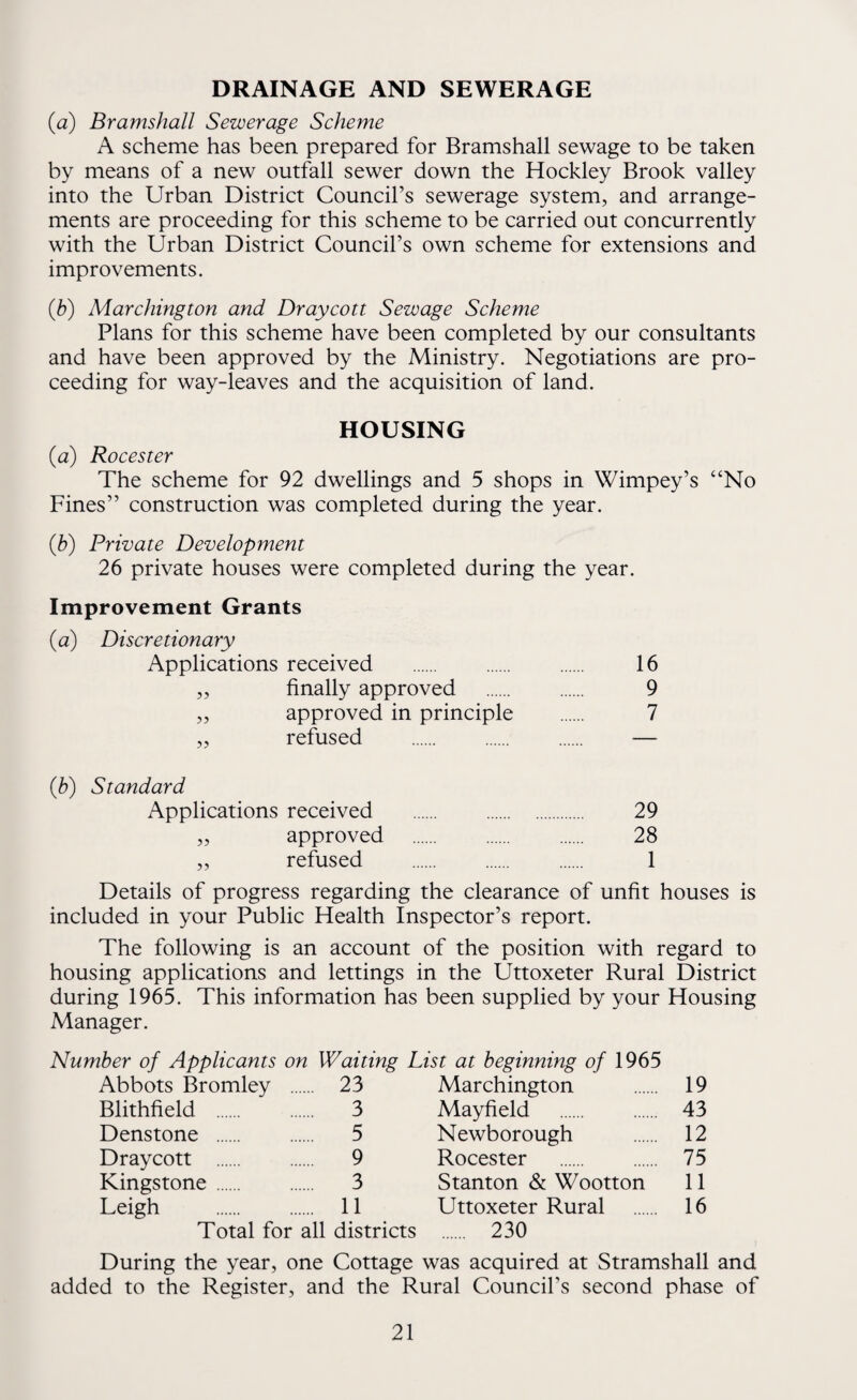 DRAINAGE AND SEWERAGE (a) Bramshall Sewerage Scheme A scheme has been prepared for Bramshall sewage to be taken by means of a new outfall sewer down the Hockley Brook valley into the Urban District Council’s sewerage system, and arrange¬ ments are proceeding for this scheme to be carried out concurrently with the Urban District Council’s own scheme for extensions and improvements. (b) Marchington and Draycott Sewage Scheme Plans for this scheme have been completed by our consultants and have been approved by the Ministry. Negotiations are pro¬ ceeding for way-leaves and the acquisition of land. HOUSING (a) Rocester The scheme for 92 dwellings and 5 shops in Wimpey’s “No Fines” construction was completed during the year. (b) Private Development 26 private houses were completed during the year. Improvement Grants (a) Discretionary Applications received . 16 „ finally approved . 9 „ approved in principle . 7 ,, refused . (b) Standard Applications received . 29 „ approved . 28 ,, refused . 1 Details of progress regarding the clearance of unfit houses is included in your Public Health Inspector’s report. The following is an account of the position with regard to housing applications and lettings in the Uttoxeter Rural District during 1965. This information has been supplied by your Housing Manager. Number of Applicants on Waiting List at beginning of 1965 Abbots Bromley .... .. 23 Marchington 19 Blithfield . 3 Mayfield 43 Denstone . 5 Newborough 12 Draycott . 9 Rocester 75 Kingstone . 3 Stanton & Wootton 11 Leigh . .. 11 Uttoxeter Rural 16 Total for all districts . 230 During the year, one Cottage was acquired at Stramshall and added to the Register, and the Rural Council's second phase of