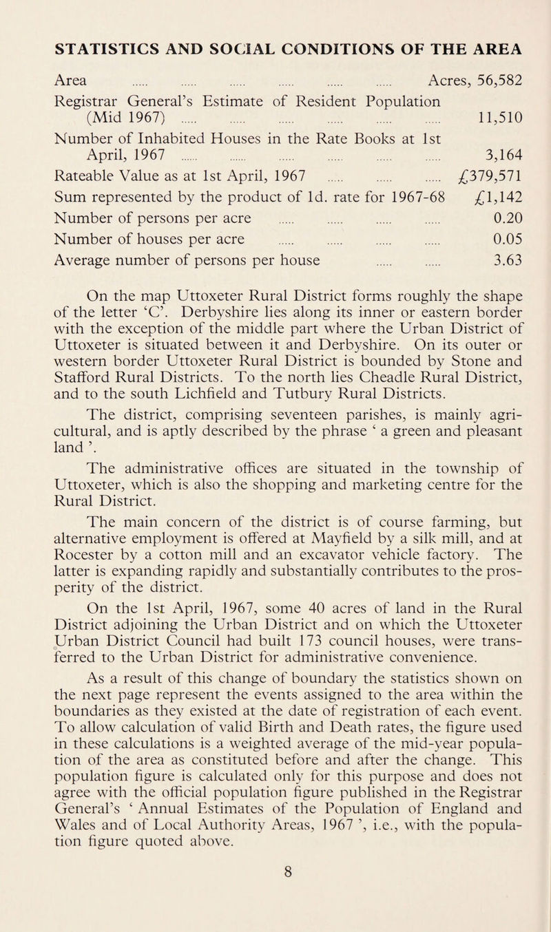 STATISTICS AND SOCIAL CONDITIONS OF THE AREA Area Acres, 56,582 Registrar General’s Estimate of Resident Population (Mid 1967) . 11,510 Number of Inhabited Houses in the Rate Books at 1st April, 1967 3,164 Rateable Value as at 1st April, 1967 . . . £379,571 Sum represented by the product of Id. rate for 1967-68 £1,142 Number of persons per acre . 0.20 Number of houses per acre . . . . 0.05 Average number of persons per house . . 3.63 On the map Uttoxeter Rural District forms roughly the shape of the letter 4C’. Derbyshire lies along its inner or eastern border with the exception of the middle part where the Urban District of Uttoxeter is situated between it and Derbyshire. On its outer or western border Uttoxeter Rural District is bounded by Stone and Stafford Rural Districts. To the north lies Cheadle Rural District, and to the south Lichfield and Tutbury Rural Districts. The district, comprising seventeen parishes, is mainly agri¬ cultural, and is aptly described by the phrase 4 a green and pleasant land ’. The administrative offices are situated in the township of Uttoxeter, which is also the shopping and marketing centre for the Rural District. The main concern of the district is of course farming, but alternative employment is offered at Mayfield by a silk mill, and at Rocester by a cotton mill and an excavator vehicle factory. The latter is expanding rapidly and substantially contributes to the pros¬ perity of the district. On the 1st April, 1967, some 40 acres of land in the Rural District adjoining the Urban District and on which the Uttoxeter Urban District Council had built 173 council houses, were trans¬ ferred to the Urban District for administrative convenience. As a result of this change of boundary the statistics shown on the next page represent the events assigned to the area within the boundaries as they existed at the date of registration of each event. To allow calculation of valid Birth and Death rates, the figure used in these calculations is a weighted average of the mid-year popula¬ tion of the area as constituted before and after the change. This population figure is calculated only for this purpose and does not agree with the official population figure published in the Registrar General’s 4 Annual Estimates of the Population of England and Wales and of Local Authority Areas, 1967 ’, i.e., with the popula¬ tion figure quoted above.