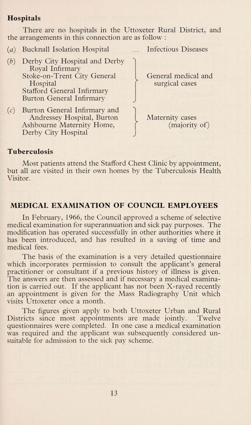 Hospitals There are no hospitals in the Uttoxeter Rural District, and the arrangements in this connection are as follow : (a) Bucknall Isolation Hospital Infectious Diseases (b) Derby City Hospital and Derby Royal Infirmary Stoke-on-Trent City General Hospital Stafford General Infirmary Burton General Infirmary General medical and surgical cases (c) Burton General Infirmary and Andressey Hospital, Burton Ashbourne Maternity Home, Derby City Hospital ~\ Maternity cases (majority of) Tuberculosis Most patients attend the Stafford Chest Clinic by appointment, but all are visited in their own homes by the Tuberculosis Health Visitor. MEDICAL EXAMINATION OF COUNCIL EMPLOYEES In February, 1966, the Council approved a scheme of selective medical examination for superannuation and sick pay purposes. The modification has operated successfully in other authorities where it has been introduced, and has resulted in a saving of time and medical fees. The basis of the examination is a very detailed questionnaire which incorporates permission to consult the applicant’s general practitioner or consultant if a previous history of illness is given. The answers are then assessed and if necessary a medical examina¬ tion is carried out. If the applicant has not been X-rayed recently an appointment is given for the Mass Radiography Unit which visits Uttoxeter once a month. The figures given apply to both Uttoxeter Urban and Rural Districts since most appointments are made jointly. Twelve questionnaires were completed. In one case a medical examination was required and the applicant was subsequently considered un¬ suitable for admission to the sick pay scheme.