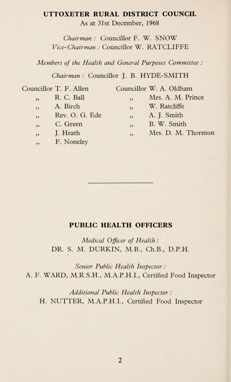 UTTOXETER RURAL DISTRICT COUNCIL As at 31st December, 1968 Chairman : Councillor F. W. SNOW Vice-Chairman : Councillor W. RATCLIFFE Members of the Health and General Purposes Committee : Chairman : Councillor J. B. HYDE-SMITH Councillor T. F. Allen Councillor W. A. Oldham R. C. Ball 33 Mrs. A. M. Prince 3? A. Birch 53 W. RatclifFe 53 Rev. O. G. Ede 33 A. J. Smith 53 C. Green 33 B. W. Smith 33 J. Heath 33 Mrs. D. M. Thornton 33 F. Noneley PUBLIC HEALTH OFFICERS Medical Officer of Health : DR. S. M. DURKIN, M.B., Ch.B., D.P.H. Senior Public Health Inspector : A. F. WARD, M.R.S.H., M.A.P.H.L, Certified Food Inspector Additional Public Health Inspector : H. NUTTER, M.A.P.H.L, Certified Food Inspector