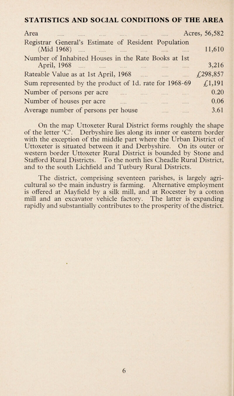 STATISTICS AND SOCIAL CONDITIONS OF THE AREA Area Acres, 56,582 Registrar General’s Estimate of Resident Population (Mid 1968) . 11,610 Number of Inhabited Houses in the Rate Books at 1st April, 1968 3,216 Rateable Value as at 1st April, 1968 . /^298,857 Sum represented by the product of Id. rate for 1968-69 1,191 Number of persons per acre . 0.20 Number of houses per acre . . . . 0.06 Average number of persons per house . . 3.61 On the map Uttoxeter Rural District forms roughly the shape of the letter ‘C’. Derbyshire lies along its inner or eastern border with the exception of the middle part where the Urban District of Uttoxeter is situated between it and Derbyshire. On its outer or western border Uttoxeter Rural District is bounded by Stone and Stafford Rural Districts. To the north lies Cheadle Rural District, and to the south Lichfield and Tutbury Rural Districts. The district, comprising seventeen parishes, is largely agri¬ cultural so the main industry is farming. Alternative employment is offered at Mayfield by a silk mill, and at Rocester by a cotton mill and an excavator vehicle factory. The latter is expanding rapidly and substantially contributes to the prosperity of the district.