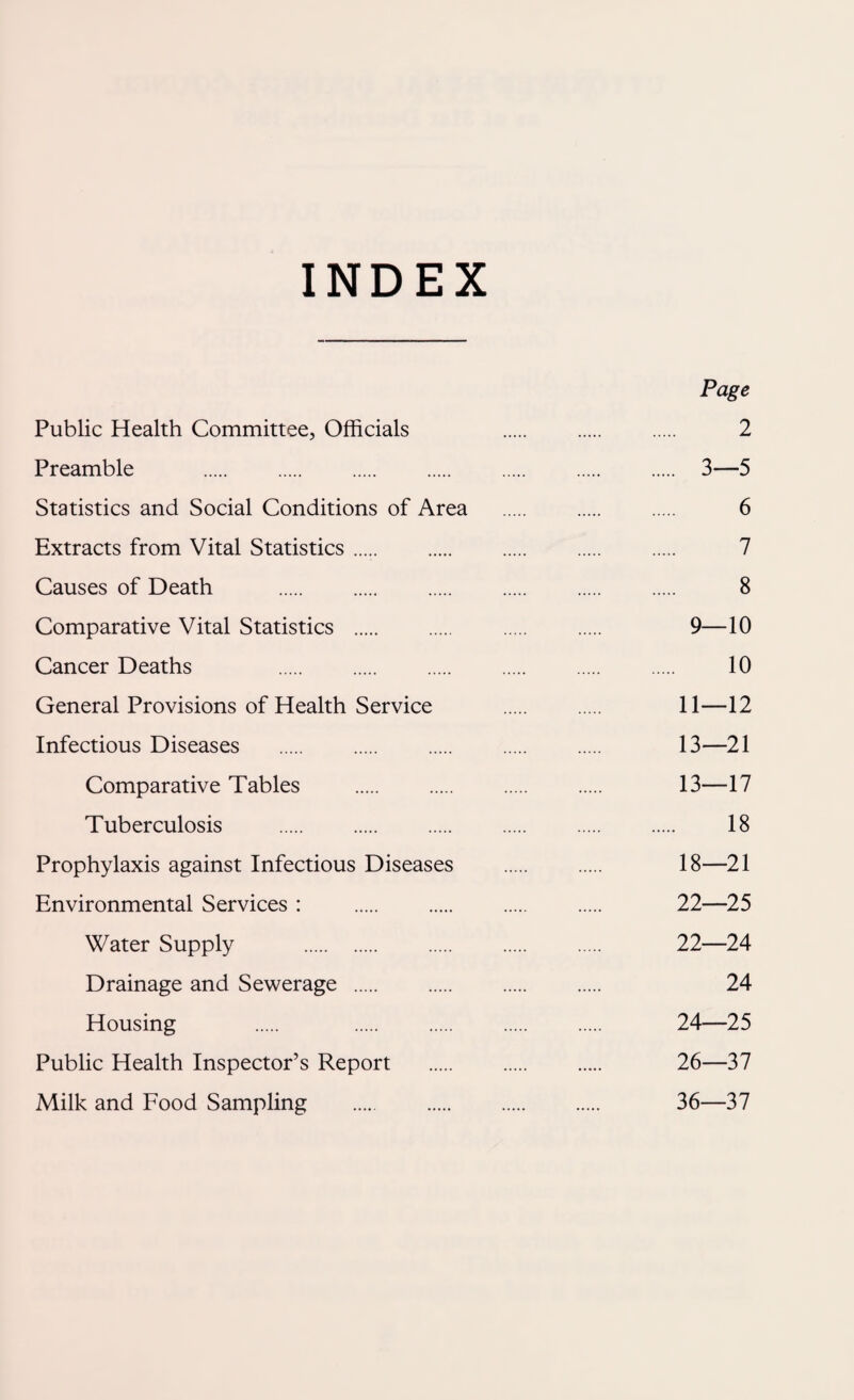 INDEX Page Public Health Committee, Officials . 2 Preamble . 3—5 Statistics and Social Conditions of Area . . . 6 Extracts from Vital Statistics. 7 Causes of Death . 8 Comparative Vital Statistics . 9—10 Cancer Deaths 10 General Provisions of Health Service . . 11—12 Infectious Diseases . 13—21 Comparative Tables . 13—17 Tuberculosis . 18 Prophylaxis against Infectious Diseases . . 18—21 Environmental Services : . 22—25 Water Supply . 22—24 Drainage and Sewerage . 24 Housing 24—25 Public Health Inspector’s Report . 26—37 Milk and Food Sampling . 36—37