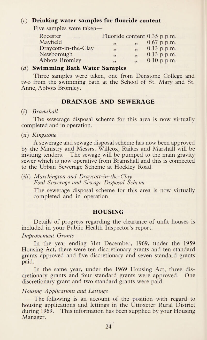 Drinking water samples for fluoride content Five samples were taken— Rocester Mayfield Draycott-in-the-Clay Newborough Abbots Bromley Fluoride content 0.35 p.p.m. J5 „ 0.67 p.p.m. „ ,3 0.13 p.p.m. „ „ 0.13 p.p.m. » „ 0.10 p.p.m. Swimming Bath Water Samples Three samples were taken, one from Denstone College and two from the swimming bath at the School of St. Mary and St. Anne, Abbots Bromley. DRAINAGE AND SEWERAGE (z) Bramshall The sewerage disposal scheme for this area is now virtually completed and in operation. (zz) Kingstone A sewerage and sewage disposal scheme has now been approved by the Ministry and Messrs. Willcox, Raikes and Marshall will be inviting tenders. The sewage will be pumped to the main gravity sewer which is now operative from Bramshall and this is connected to the Urban Sewerage Scheme at Hockley Road. (tit) Marching ton and Draycott-in-the-Clay Foul Sewerage and Sewage Disposal Scheme The sewerage disposal scheme for this area is now virtually completed and in operation. HOUSING Details of progress regarding the clearance of unfit houses is included in your Public Health Inspector’s report. Improvement Grants In the year ending 31st December, 1969, under the 1959 Housing Act, there were ten discretionary grants and ten standard grants approved and five discretionary and seven standard grants paid. In the same year, under the 1969 Housing Act, three dis¬ cretionary grants and four standard grants were approved. One discretionary grant and two standard grants were paid. Housing Applications and Lettings The following is an account of the position with regard to housing applications and lettings in the Uttoxeter Rural District during 1969. This information has been supplied by your Housing Manager.