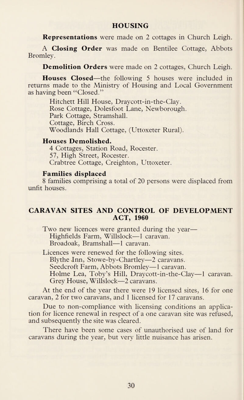 HOUSING Representations were made on 2 cottages in Church Leigh. A Closing Order was made on Bentilee Cottage, Abbots Bromley. Demolition Orders were made on 2 cottages, Church Leigh. Houses Closed—the following 5 houses were included in returns made to the Ministry of Housing and Local Government as having been “Closed.” Hitchett Hill House, Draycott-in-the-Clay. Rose Cottage, Dolesfoot Lane, Newborough. Park Cottage, Stramshall. Cottage, Birch Cross. Woodlands Hall Cottage, (Uttoxeter Rural). Houses Demolished. 4 Cottages, Station Road, Rocester. 57, High Street, Rocester. Crabtree Cottage, Creighton, Uttoxeter. Families displaced 8 families comprising a total of 20 persons were displaced from unfit houses. CARAVAN SITES AND CONTROL OF DEVELOPMENT ACT, 1960 Two new licences were granted during the year— Highfields Farm, Willslock—1 caravan. Broadoak, Bramshall—1 caravan. Licences were renewed for the following sites. Blythe Inn, Stowe-by-Chartley—2 caravans. Seedcroft Farm, Abbots Bromley—1 caravan. Holme Lea, Toby’s Hill, Draycott-in-the-Clay—1 caravan. Grey House, Willslock—2 caravans. At the end of the year there were 19 licensed sites, 16 for one caravan, 2 for two caravans, and 1 licensed for 17 caravans. Due to non-compliance with licensing conditions an applica¬ tion for licence renewal in respect of a one caravan site was refused, and subsequently the site was cleared. There have been some cases of unauthorised use of land for caravans during the year, but very little nuisance has arisen.