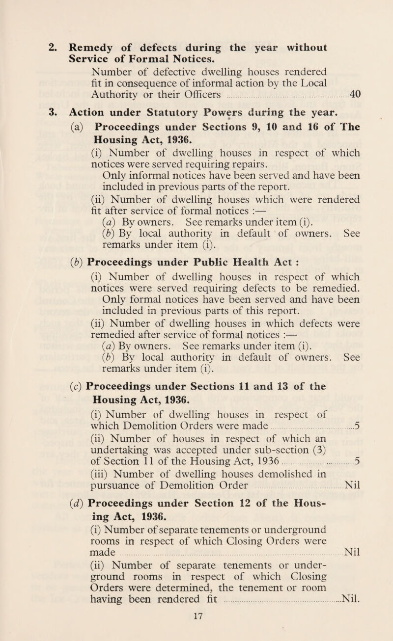 2. Remedy of defects during the year without Service of Formal Notices. Number of defective dwelling houses rendered fit in consequence of informal action by the Local Authority or their Officers .40 3. Action under Statutory Powers during the year. ♦ (a) Proceedings under Sections 9, 10 and 16 of The Housing Act, 1936. (i) Number of dwelling houses in respect of which notices were served requiring repairs. Only informal notices have been served and have been included in previous parts of the report. (ii) Number of dwelling houses which were rendered fit after service of formal notices :— {a) By owners. See remarks under item (i). {h) By local authority in default of owners. See remarks under item (i). {h) Proceedings under Public Health Act : (i) Number of dwelling houses in respect of which notices were served requiring defects to be remedied. Only formal notices have been served and have been included in previous parts of this report. (ii) Number of dwelling houses in which defects were remedied after service of formal notices :— {a) By owners. See remarks under item (i). {h) By local authority in default of owners. See remarks under item (i). (c) Proceedings under Sections 11 and 13 of the Housing Act, 1936. (i) Number of dwelling houses in respect of which Demolition Orders were made .5 (ii) Number of houses in respect of which an undertaking was accepted under sub-section (3) of Section 11 of the Housing Act, 1936.5 (iii) Number of dwelling houses demolished in pursuance of Demolition Order Nil {d) Proceedings under Section 12 of the Hous¬ ing Act, 1936. (i) Number of separate tenements or underground rooms in respect of which Closing Orders were made .-.Nil (ii) Number of separate tenements or under¬ ground rooms in respect of which Closing Orders were determined, the tenement or room having been rendered fit .Nil.
