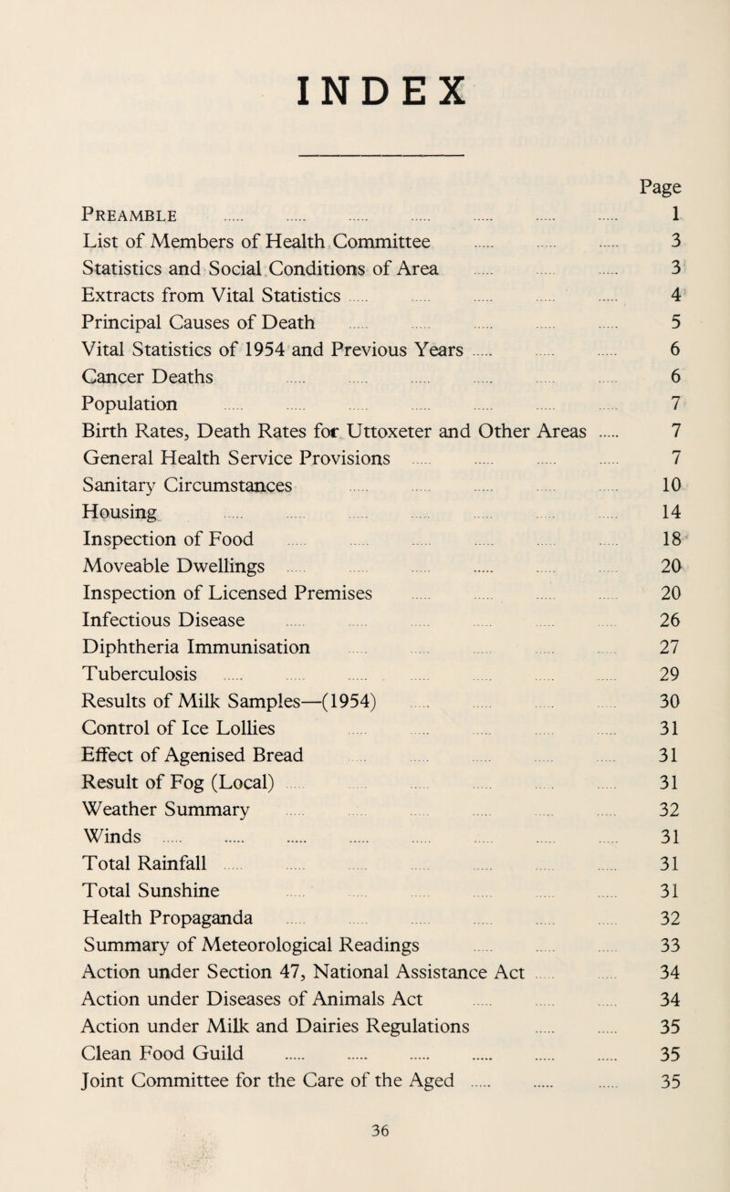 INDEX Page Preamble . 1 List of Members of Health,Committee . 3 Statistics and Social Conditions of Area . 3 Extracts from Vital Statistics. 4 Principal Causes of Death . 5 Vital Statistics of 1954 and Previous Years. 6 Cancer Deaths 6 Population 7 Birth Rates, Death Rates for Uttoxeter and Other Areas . 7 General Health Service Provisions . 7 Sanitary Circumstances 10 Housing 14 Inspection of Food . 18 Moveable Dwellings 20 Inspection of Licensed Premises . 20 Infectious Disease 26 Diphtheria Immunisation 27 Tuberculosis . 29 Results of Milk Samples—(1954) 30 Control of Ice Lollies 31 Effect of Agenised Bread . 31 Result of Fog (Local) 31 Weather Summary 32 Winds . 31 Total Rainfall 31 Total Sunshine 31 Health Propaganda 32 Summary of Meteorological Readings 33 Action under Section 47, National Assistance Act 34 Action under Diseases of Animals Act 34 Action under Milk and Dairies Regulations 35 Clean Food Guild . 35 Joint Committee for the Care of the Aged . 35