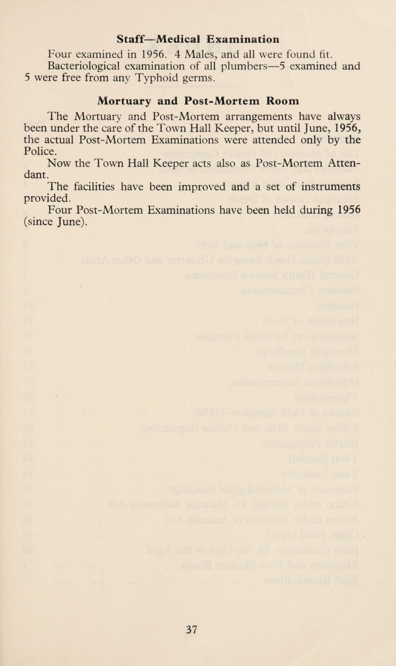 Staff—Medical Examination Four examined in 1956. 4 Males, and all were found fit. Bacteriological examination of all plumbers—5 examined and 5 were free from any Typhoid germs. Mortuary and Post-Mortem Room The Mortuary and Post-Mortem arrangements have always been under the care of the Town Hall Keeper, but until June, 1956, the actual Post-Mortem Examinations were attended only by the Police. Now the Town Hall Keeper acts also as Post-Mortem Atten¬ dant. The facilities have been improved and a set of instruments provided. Four Post-Mortem Examinations have been held during 1956 (since June).