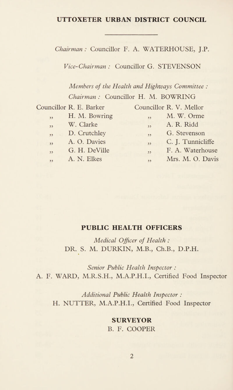 UTTOXETER URBAN DISTRICT COUNCIL Chairman : Councillor F. A. WATERHOUSE, J.P. Vice-Chairman : Councillor G. STEVENSON Members of the Health and Highways Committee : Chairman : Councillor H. M. BOWRING Councillor R. E. Barker „ H. M. Bowring „ W. Clarke 5, D. Crutchley „ A. O. Davies „ G. H. DeVille ,, A. N. Elkes Councillor R. V. Mellor „ M. W. Orme „ A. R. Ridd „ G. Stevenson 5 5 C. J. Tunnicliffe 55 F. A. Waterhouse „ Mrs. M. O. Davis PUBLIC HEALTH OFFICERS Medieal Offeer of Health : DR. S. M. DURKIN, M.B., Ch.B., D.P.H. » Senior Public Health Inspector : A. F. WARD, M.R.S.H., M.A.P.H.I., Certified Food Inspector Additional Public Health Inspeetor : H. NUTTER, M.A.P.H.I., Certified Food Inspector SURVEYOR B. F. COOPER