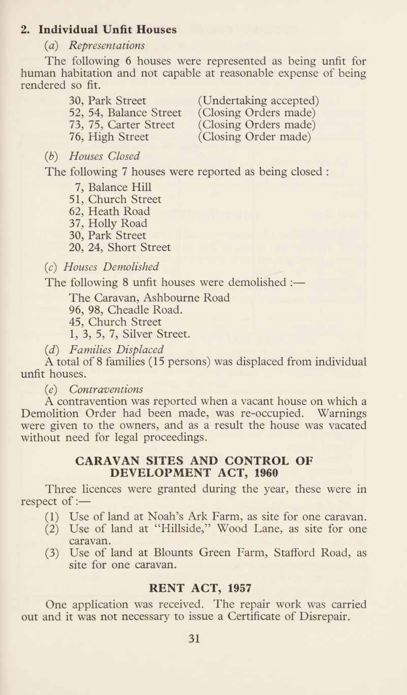 2. Individual Unfit Houses (a) Representations The following 6 houses were represented as being unfit for human habitation and not capable at reasonable expense of being rendered so fit. 30, Park Street (Undertaking accepted) 52, 54, Balance Street (Closing Orders made) 73, 75, Carter Street (Closing Orders made) 76, High Street (Closing Order made) (b) Houses Closed The following 7 houses were reported as being closed : 7, Balance Hill 51, Church Street 62, Heath Road 37, Holly Road 30, Park Street 20, 24, Short Street (c) Houses Demolished The following 8 unfit houses were demolished :— The Caravan, Ashbourne Road 96, 98, Cheadle Road. 45, Church Street 1, 3, 5, 7, Silver Street. (d) Families Displaced A total of 8 families (15 persons) was displaced from individual unfit houses. (e) Contraventions A contravention was reported when a vacant house on which a Demolition Order had been made, was re-occupied. Warnings were given to the owners, and as a result the house was vacated without need for legal proceedings. CARAVAN SITES AND CONTROL OF DEVELOPMENT ACT, 1960 Three licences were granted during the year, these were in respect of:— (1) Use of land at Noah’s Ark Farm, as site for one caravan. (2) Use of land at “Hillside,” Wood Lane, as site for one caravan. (3) Use of land at Blounts Green Farm, Stafford Road, as site for one caravan. RENT ACT, 1957 One application was received. The repair work was carried out and it was not necessary to issue a Certificate of Disrepair.