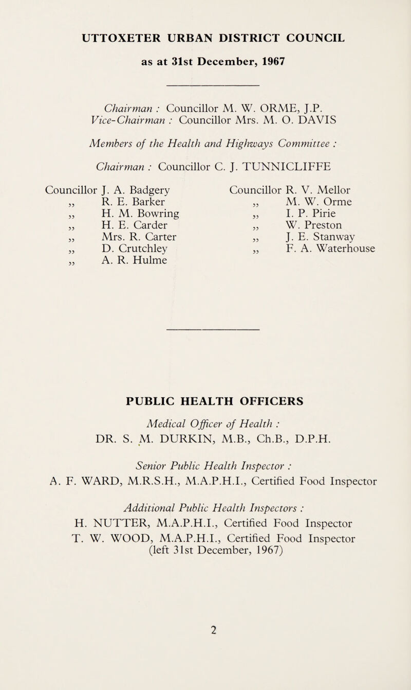 as at 31st December, 1967 Chairman : Councillor M. W. ORME, J.P. Vice-Chairman : Councillor Mrs. M. O. DAVIS Members of the Health and Highways Committee : Chairman : Councillor C. J. TUNNICLIFFE Councillor J. A. Badgery Councillor R. V. Mellor 55 R. E. Barker 55 M. W. Orme 55 H. M. Bowring 55 I. P. Pirie 55 H. E. Carder 55 W. Preston 55 Mrs. R. Carter 55 J. E. Stanway 55 D. Crutchley 55 F. A. Waterhouse 55 A. R. Hulme PUBLIC HEALTH OFFICERS Medical Officer of Health : DR. S. M. DURKIN, M.B., Ch.B., D.P.H. Senior Public Health Inspector : A. F. WARD, M.R.S.H., M.A.P.H.I., Certified Food Inspector Additional Public Health Inspectors : H. NUTTER, M.A.P.H.I., Certified Food Inspector T. W. WOOD, M.A.P.H.I., Certified Food Inspector (left 31st December, 1967)