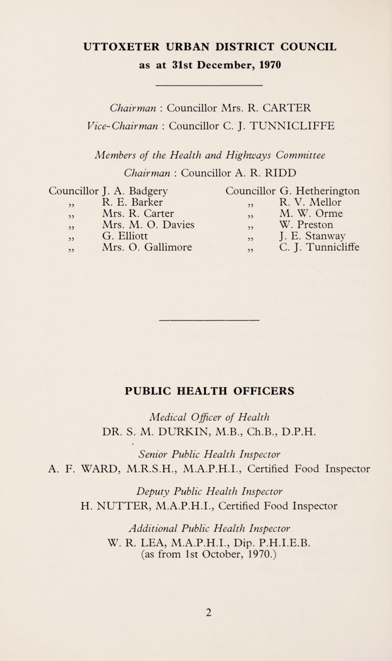 as at 31st December, 1970 Chairman : Councillor Mrs. R. CARTER Vice-Chairman : Councillor C. J. TUNNICLIFFE Members of the Health and Highways Committee Chairman : Councillor A. R. RIDD Councillor J. A. Badgery „ R. E. Barker „ Mrs. R. Carter „ Mrs. M. O. Davies „ G. Elliott „ Mrs. O. Gallimore Councillor G. Hetherington „ R. V. Mellor „ M. W. Orme 5, W. Preston „ J. E. Stanway „ C. J. Tunnicliffe PUBLIC HEALTH OFFICERS Medical Offcer of Health DR. S. M. DURKIN, M.B., Ch.B., D.P.H. * Senior Public Health Inspector A. F. WARD, M.R.S.H., M.A.P.H.I., Certified Food Inspector Deputy Public Health Inspector H. NUTTER, M.A.P.H.I., Certified Food Inspector Additional Public Health Inspector W. R. LEA, M.A.P.H.I., Dip. P.H.I.E.B. (as from 1st October, 1970.)