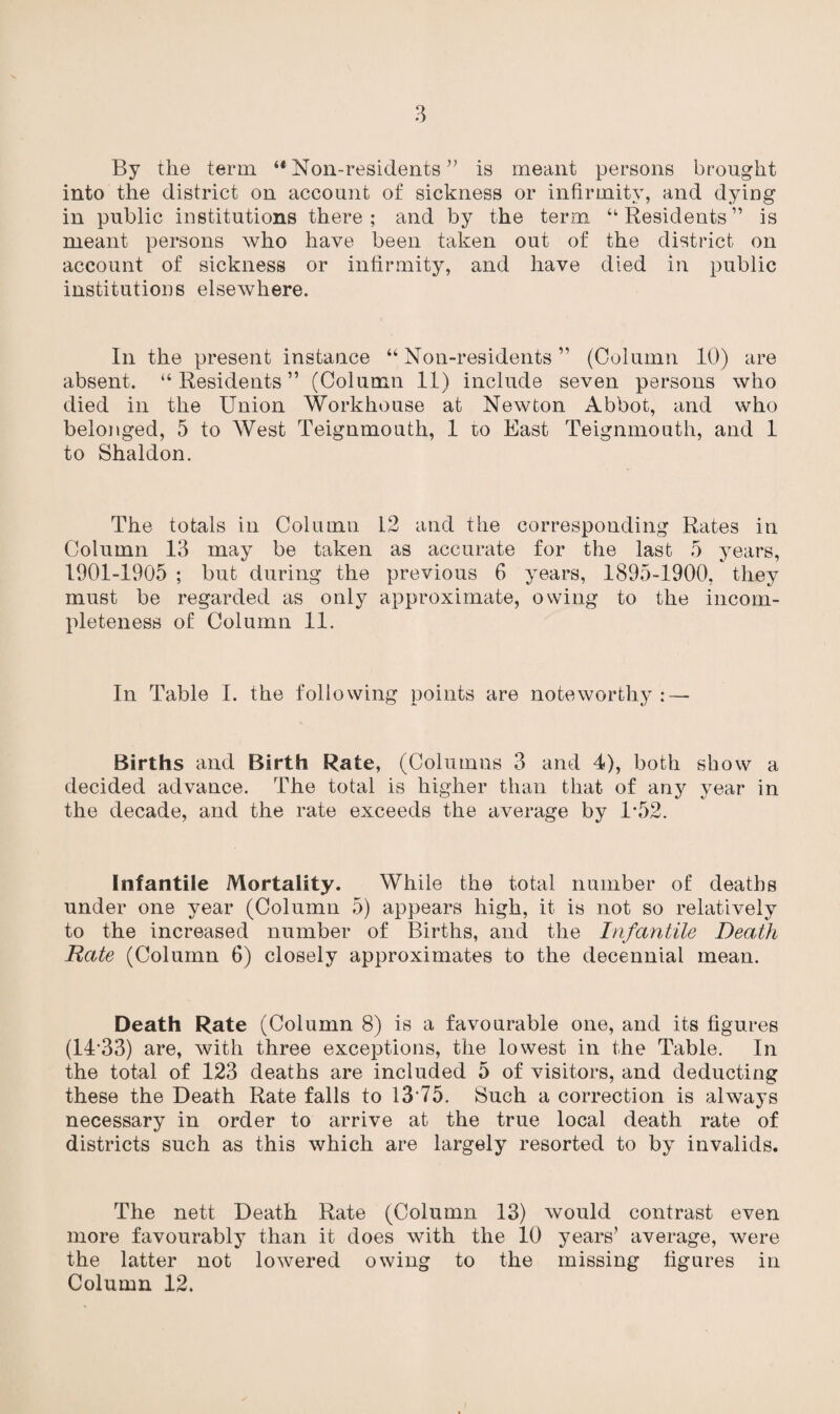 By the term “Non-residents” is meant persons brought into the district on account of sickness or infirmity, and dying in public institutions there ; and by the term “ Residents ” is meant persons who have been taken out of the district on account of sickness or infirmity, and have died in public institutions elsewhere. In the present instance “Non-residents” (Column 10) are absent. “Residents” (Column 11) include seven persons who died in the Union Workhouse at Newton Abbot, and who belonged, 5 to West Teignmouth, 1 to East Teignmouth, and 1 to Shaldon. The totals in Column 12 and the corresponding Rates in Column 13 may be taken as accurate for the last 5 years, 1901-1905 ; but during the previous 6 years, 1895-1900, they must be regarded as only approximate, owing to the incom¬ pleteness of Column 11. In Table I. the following points are noteworthy : — Births and Birth Rate, (Columns 3 and 4), both show a decided advance. The total is higher than that of any year in the decade, and the rate exceeds the average by U52. Infantile Mortality. While the total number of deaths under one year (Column 5) appears high, it is not so relatively to the increased number of Births, and the Infantile Death Rate (Column 6) closely approximates to the decennial mean. Death Rate (Column 8) is a favourable one, and its figures (14‘33) are, with three exceptions, the lowest in the Table. In the total of 123 deaths are included 5 of visitors, and deducting these the Death Rate falls to 13*75. Such a correction is always necessary in order to arrive at the true local death rate of districts such as this which are largely resorted to by invalids. The nett Death Rate (Column 13) would contrast even more favourably than it does with the 10 years’ average, were the latter not lowered owing to the missing figures in Column 12.