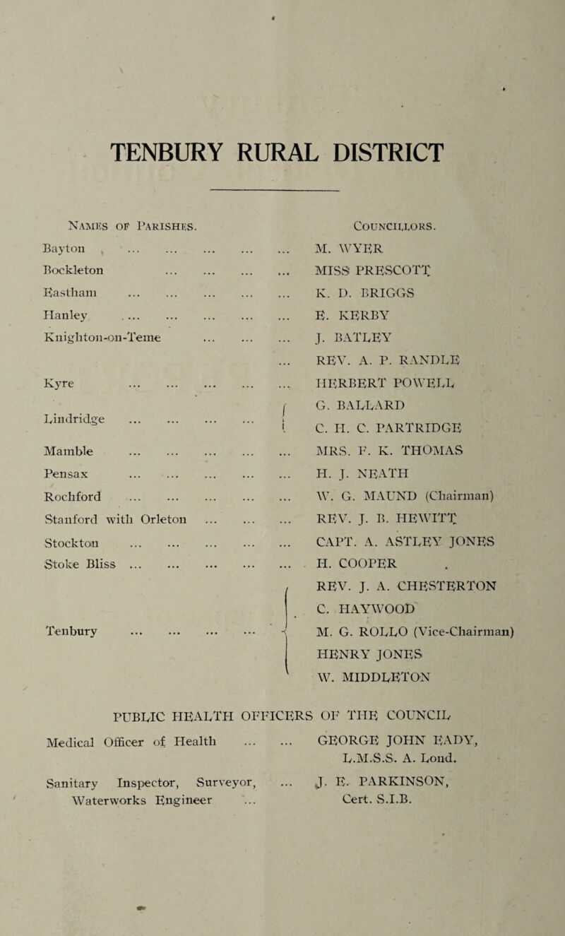 TENBURY RURAL DISTRICT Names op Parishes. Bayton . Bockleton Eastham . Hanley . Kn i gli ton -on -Teme Kyre . Lindridge . Mamble . Pen sax . Rochford . Stanford with Orleton Stockton . Stoke Bliss . Tenbury . PUBLIC HEALTH OFF: Medical Officer of Health Sanitary Inspector, Surveyor, Waterworks Engineer COUNCIEEORS. M. WYER MISS PRESCOTT K. I). BRIGGS E. KERBY J. BATLEY REV. A. P. RANDLE HERBERT POWELL G. BALLARD C. II. C. PARTRIDGE MRS. F. K. THOMAS H. J. NEATH W. G. MAUND (Chairman) REV. J. B. HEWITT CAPT. A. ASTLEY JONES IT. COOPER REV. J. A. CHESTERTON C. IIAYWOOD M. G. ROLLO (Vice-Chairman) HENRY JONES W. MIDDLETON ERS OF THE COUNCIL GEORGE JOHN EADY, L.M.S.S. A. Loud. J. E. PARKINSON, Cert. S.I.B.