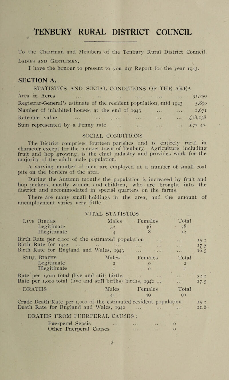 To the Chairman and Members of the Tenbury Rural District Council. Ladies and Gentlemen, I have the honour to present to you my Report for the year 1943. SECTION A. STATISTICS AND SOCIAL CONDITIONS OF THE AREA Area i:n Acres ... ... ... ... ... ... 31,250 Registrar-General’s estimate of the resident population, mid 1943 5,890 Number of inhabited houses at the end of 1943 ... ... 1,671 Rateable value ... ... . ... ... ... ... ,£18,138 Sum represented by a Penny rate ... ... ... ... ,£77 4s. SOCIAL CONDITIONS The District comprises fourteen parishes and is entirely rural in character except for the market town of Tenbury. Agriculture, including fruit and hop growing, is the chief industry and provides work for the majority of the adult male population. A varying number of men are employed at a number of small coal pits on the borders of the area. During the Autumn months the population is increased by fruit and hop pickers, mostly women and children, who are brought into the district and accommodated in special quarters on the farms. There are many small holdings in the area, and the amount of unemployment varies very little. VITAL STATISTICS Live Births Males Females Total Legitimate 32 46 • 78 Illegitimate 4 8 12 Birth Rate per 1,000 of the estimated population Birth Rate for 1942 ,,. , , , ... Birth Rate for Eng land and Wales, 1943 ... ... . . . Still Births Males F'emales Total Legitimate 0 2 Illegitimate I 0 I Rate per 1,000 total (live and still births ... ... Rate per 1,000 total (live and still births) births, 1942 ... ... DEATHS Males Females Total 4i 49 90 Crude Death Rate per 1,000 of the estimated resident population Death Rate for England and Wales, 1942 15.2 17-5 16.5 32.2 27-5 15.2 11.6 DEATHS FROM PUERPERAL CAUSES: Puerperal Sepsis ... ... ... o Other Puerperal Causes ... ... o o o