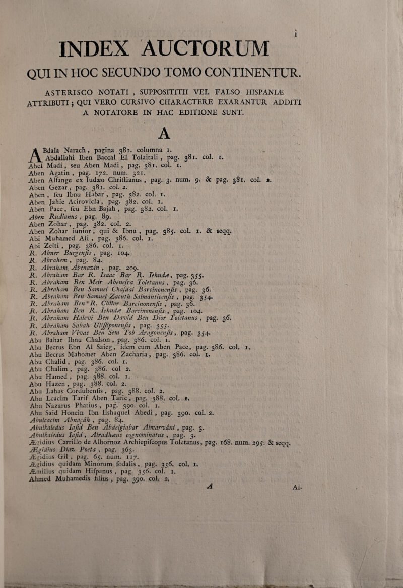 INDEX AUCTORUM QUI IN HOC SECUNDO TOMO CONTINENTUR. ASTERISCO NOTATI , SUPPOSITITII VEL FALSO HISPANLE ATTRIBUTI } QUI VERO CURSIVO CHARACTERE EXARANTUR ADDITI A NOTATORE IN HAC EDITIONE SUNT. A ABdala Narach, pagina 381. columna 1. Abdallahi Iben Baccal EI Tolaitali , pag. 381. coi. 1. Abei Madi, seu Aben Madi, pag. 381. coi. 1. Aben Agatin , pag. 172. num. 321. Aben Alfange ex Iudso Chrillianus , pag. 3. num. 9. & pag. 381. coi. t. Aben Gezar , pag. 381. coi. 2. Aben , feu Ibnu Habar , pag. 382. coL 1. Aben Jahie Acirovicla, pag. 382. coi. 1. Aben Pace, feu Ebn Bajah , pag. 382. coi. 1. Aben Rudianus , pag. 89. Aben Zohar , pag. 382. coi. 2. Aben Zohar iunior, qui & Ibnu , pag, 385. coi. I. & seqq. Abi Muhamed Ali , pag. 386. coi. 1. Abi Zelti , pag. 386. coi. 1. R. Abner Bnrgenjis , pag. 104. R. Abrahem , pag. 84. R. Abraham. Abenazin , pag. 209. R. Abraham Bar R. Isaac Bar R. Iehudce, pag. 355. R. Abraham Ben Meir Abenefra Toletanus, pag. 36. R. Abraham Ben Samuel Chafdai Barcinonenfis , pag. 36. R. Abraham Ben Samuel Zacuth Salmanticenjis , pag. 354. R. Abraham Ben’R. Chiiar Barcinonenfis , pag. 36. R. Abraham Ben R. Iehudce Barcinonenfis , pag. 104. R. Abraham Haleti Ben David Ben Dior Toletanus , pag. 36. R. Abraham Sabah Ulfjiponenfis , pag. 355. R. Abraham Vivas Ben Sem Tob Aragonenfis, pag. 354. Abu Bahar Ibnu Chalson , pag. 386. coi. 1. Abu Becrus Ebn AI Saieg, idem cum Aben Pace, pag. 386. coi. 1. Abu Becrus Mahomet Aben Zacharia, pag. 386. coi. i. Abu Chalid , pag. 386. coi. x. Abu Chalim , pag. 386. coi 2. Abu Hamed , pag. 388. coi. 1. Abu Hazen , pag. 388. coi. 2. Abu Labas Cordubenfis, pag. 388. coi. 2. Abu Lcacim Tarif Aben Taric , pag. 388. coi. t. Abu Nazarus Phatius , pag. 390. coi. 1. Abu Said Honein Ibn Iishaquel Abedi , pag. 390. coi. 2. Abulcacim Abnacah , pag. 84. Abulkaledus lafid Ben Abdelgiabar A linar vani , pag. 3. Abulkalediis lafid, Alradlueus cognominatus , pag. 3. Algidius Carrillo de Albornoz Archiepilcopus Toletanus, pag. i<58. num. 295-. & seqq. JEfdius Diaz, Poeta , pag. 363. ALgidius Gil , pag. 65. num. 117. Algidius quidam Minorum fodalis , pag. 356. coi. 1. ALmilius quidam Hifpanus , pag. 356. coi. x. Ahmed Muhamedis filius, pag. 390. coi. 2. A Ai-