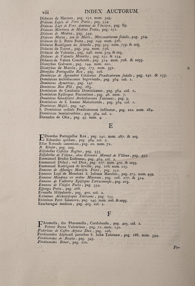 Didacus de Herrera, pag. 252. num. 343. Didacus Lopez de Faro Poeta , pag. 354. Didacus Lupi de Faro dominus de Vizcaya, pag. 89. Didacus Martinez de Medina Poeta, pag. 251. Didacus de Medina , pag. 344. Didacus Murus, seu de Muris, Mercenariorum fodalis, pag. 324. Didacus de S. Petro Poeta , pag. 249. num. 326. Didacus Rodriguez de Aimela , pag. 325. num. 759. & seq. Didacus de Torres , pag. 324. num. 756. Didacus de Valentia, pag. 248. num. 319. & seq. Didacus de Valentia Minorita , pag. 251. & 254. Didacus de Valera Conchenfis, pag. 314. num. 708. & seqq. Dionyfius Galvaon, pag. 144. num. 201. Dionyfius de Murcia, pag. 175. num. 331. Dionyfius Portugallix Rex , pag. 106. Dominicus de Agramunt Catalanus Pr a dicatorum fodalis , pag. 141. & Dominicus archidiaconus Segovienlls, pag. 364. coi. 1. Dominicus Aymericus, pag. 147. Dominicus Bon Fili, pag. 283. Dominicus de Catalonia Dominicanus , pag. 364. coi. 1. Dominicus Epifcopus Placentinus , pag. 46. num. 7. Dominicus Gundifal-vi Archidiaconus Toletanus , pag. 9. Dominicus de S. Ioanne Maioricenfis , pag. 364. coi. 1. Dominicus Mafcd, pag. 147. S. Dominicus ordinis Prazdicatorum inftitutor, pag. 102. num. 284. Dominicus Seminiverbius , pag. 364. coi. 1. Durandus de Ofca , pag. 45. num. 4. E EDuardus Portugallia? Rex , pag. 241. num. 287. & seq. Eduardus quidam, pag. 364. coi. 2. Elias Rotenfis canonicus , pag. 20. num. 71. R. Eliefer, pag. .209. Elifabetha Cajlellx Regina, pag. 335. Elifabetha de Villena , alias Elionora Manuel de Villena , pag. 335. Emmanuel Brudus Lufitanus, pag. 364. coi. 2. Emmanuel Didaci , vel Diez, pag. 277. num. 470. & seqq. Emmanuel Rodriguez de Sevilla, pag. 216. num. 125. Ennecus de Aftuniga Marifch. Poeta , pag. 252. Ennecus Lupi de Mendoza S. Iulians Marchio , pag. 275. num. 459. Ennecus Mendoza ex ordine Minorum, pag. 106. 277. & 314. Ennecus de Vallterra Epifcopus Tarraconenjis , pag. 203. Ennecus de Velafco Poeta , pag. 354. Efparga Poeta , pag. 268. Evanafla Hifpalenfis, pag. 402. coi. 2. Eximinus Archiepifcopus Toletanus , pag. 155. Eximinus Petri Salanova, pag. 145. num. 206. &seqq. Ezarharagui medicus, pag. 403. coi. 1. F T^Aramella , feti Pharamella , Cordubenfis , pag. 403. coi. 2. ■*- Febrer Poeta Valentinus , pag. 72. num. 150. Federicus de Ca/lro Arjonx Dux , pag. 106. Ferdinandus Alphonfi parochus S. Iulis Toletans , pag. 188. num. 394 Ferdinandus de Beatia , pag. 345. Ferdinandus Bonet, pag. 210.