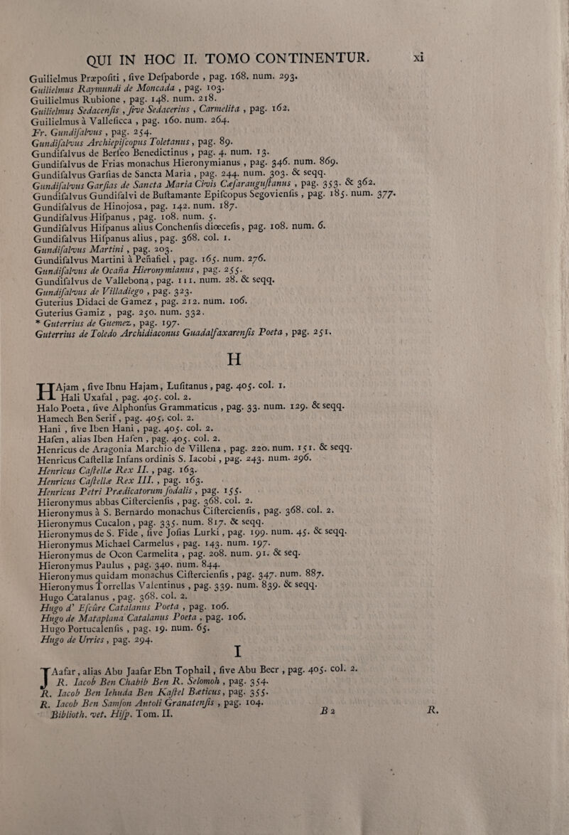 Guilielmus Prajpofiti , five Defpaborde , pag. 168. num. 293. Gnilielmus Raymundi de Monenda , pag. 103. Guilielmus Rubione , pag. 148. num. 218. Guilielmus Sedacenfis ,Jive Sedacerins , Came lita , pag. 162. Guilielmus a Valleficca , pag. 160. num. 264. Fr. Gundifalvus , pag. 254. Gundifalvus Archiepfcopus Toletanus , pag. 89. Gundifalvus de Berleo Benedictinus , pag. 4. num. 13. Gundifalvus de Frias monachus Hieronymianus , pag. 346. num. 869. Gundifalvus Garlias de Sancta Maria , pag. 244. num. 3°3‘ ^ se(FF Gundifalvus Garfias de Sancta Maria Civis Cafarauguftams , pag. 353. & 362. Gundifalvus Gundifalvi de Buftamante Epifcopus Segovienfis , pag. 185. num. 377. Gundifalvus de Hinojosa, pag. 142. num. 187. Gundifalvus Hifpanus , pag. 108. num. 5. Gundifalvus Hilpanus alius Conchenfts dioecefis, pag. 108. num. 0. Gundifalvus Hifpanus alius, pag. 368. coi. 1. Gundifalvus Martini , pag. 203. Gundifalvus Martini a Penafiel , pag. 165. num. 276. Gundifalvus de Ocana Hieronymianus , pag. 255. Gundifalvus de Vallebona, pag. 111. num. 28. & seqq. Gundifalvus de Villadiego , pag. 323. Guterius Didaci de Gamez , pag. 212. num. 106. Guterius Gamiz , pag. 250. num. 332. * Guterrius de Guemez,, pag. 197. Guterrius de Toledo Archidiaconus Guadalfaxarenfis Poeta , pag. 251. H HAjam , five Ibnu Ha jam, Lufitanus, pag. 405. coi. 1. Hali Uxafal, pag. 405. coi. 2. Halo Poeta, five Alphonfus Grammaticus , pag. 33. num. 129. & seqq. Hamech BenSerif, pag. 405. coi. 2. Hani , five Iben Hani , pag. 405. coi. 2. Hafen, alias Iben Halen , pag. 405. coi. 2. Henricus de Aragonia Marchio de Villena , pag. 220. num. 151. & seqq. Henricus CaftelH Infans ordinis S. Iacobi , pag. 243. num. 296. Henricus Caftellx Rex II. , pag. 163. Henricus Caji elix Rex III. , pag. 163. Henricus Petri Prxdicatorum fodalis , pag. 155. Hieronymus abbas Ciftercienfts , pag. 368. coi. 2. Hieronymus a S. Bernardo monachus Ciftercienfts, pag. 368. coi. 2. Hieronymus Cucalon, pag. 335. num. 817. & seqq. Hieronymus de S. Fide , five Jolias Lurki, pag. 199. num. 45. & seqq. Hieronymus Michael Carmelus, pag. 143. num. 197. Hieronymus de Ocon Carmelita , pag. 208. num. 91. & seq. Hieronymus Paulus , pag. 340. num. 844. Hieronymus quidam monachus Ciftercienfis, pag. 347. num. 887. Hieronymus Torrellas Valentinus , pag. 339. num. 839. & seqq. Hugo Catalanus , pag. 368. coi. 2. Hugo d’ Efcure Catalanus Poeta , pag. 106. Hugo de Matapiana Catalanus Poeta , pag. 106. Hugo Portucalenfis , pag. 19. num. 65. Hugo de Unies , pag. 294. JAafar, alias Abu Jaafar Ebn Tophail, five Abu Beer , pag. 4°5* co^ 2‘ R. Iacob Ben Chabib Ben R. Selomoh , pag. 354. R. Iacob Ben lehuda Ben Kajlel Bxticus, pag. 355. R. Iacob Ben Samfon Antoli Granatenfis , pag. 104. Biblioth. vet. Hifp. Tom. II. B 2 R.