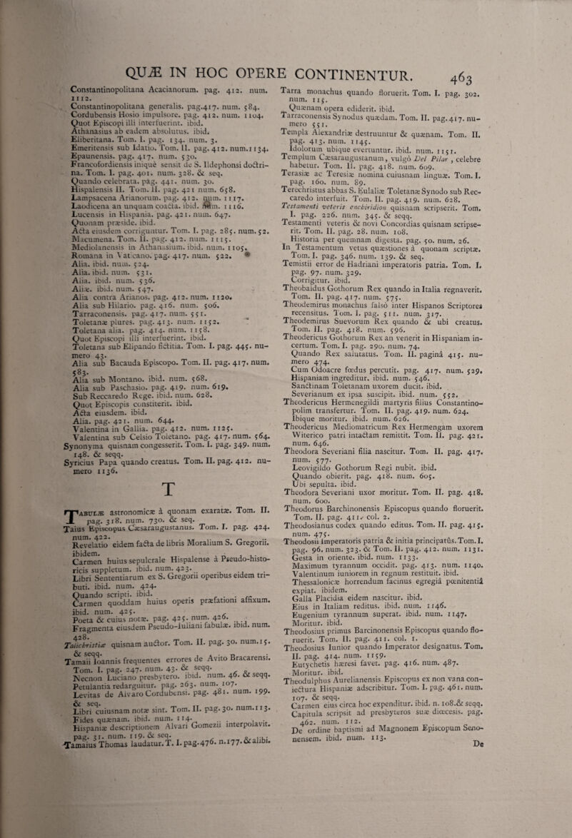 Constantinopolitana Acacianorum. pag. 412. num. 1112. Constantinopolitana generalis, pag.417. num. 584. Cordubensis Hosio impulsore, pag. 412. num. 1104. Quot Episcopi illi interfuerint, ibid. Athanasius ab eadem absolutus, ibid. Eliberitana. Tom. I. pag. 134. num. 3. Emeritensis sub Idatio. Tom. 11. pag. 412. num.i 134. Epaunensis. pag. 417. num. 530. Francofordiensis inique sensit de S. lldephonsi doctri¬ na. Tom. I. pag. 401. num. 328. & seq. Quando celebrata, pag. 441. num. 30. Hispalensis II. Tom. II. pag. 421 num. 658. Lampsacena Arianorum. pag. 412. num. 1117. Laodicena an unquam coatta. ibid. iftm. 1116. Lucensis in Hispania, pag. 421. num. 647. Quonam praeside, ibid. Acta eiusdem corriguntur. Tom. I. pag. 285. num. 52. Macumena. Tom. 11. pag. 412. num. 1115. Mediolanensis in Athan-sium. ibid. num. 1105. Romana in \ at cano. pag. 417. num. 522. ® Alia. ibid. num. 524. Alia. ibid. num. 531. Aiia. ibid. num. 536. Aii.-e. ibid. num. 547. Alia contra Arianos. pag. 412. num. 1120. Alia sub Hilario. pag. 416. num. 506. Tarraconensis, pag. 417. num. 551. Toletana plures. pag. 413. num. 1152. Toletana alia. pag. 414. num. 1158. Quot Episcopi illi interfuerint, ibid. Toletana sub Elipanao fictitia. Tom. I. pag. 445. nu¬ mero 43. Alia sub Bacauda Episcopo. Tom. II. pag. 417. num. 583. Alia sub Montano, ibid. num. 568. Alia sub Paschasio. pag. 419. num. 619. Sub Reccaredo Rege. ibid. num. 628. Quot Episcopis constiterit, ibid. ACta eiusdem, ibid. Alia. pag. 421. num. 644. Valentina in Gallia, pag. 412. num. 112J. Valentina sub Celsio Toletano, pag. 417. num. 564. Synonyma quisnam congesserit. Tom. I. pag. 349* num. 148. & seqq. Syricius Papa quando creatus. Tom. II. pag. 4.12. nu¬ mero 1136. Tabui.® astronomics a quonam exaratae. Tom. II. pag. 318. num. 730. & seq. Taius Episcopus Caesaraugustanus. Tom. I. pag. 424. Revelatio eidem faCta de libris Moralium S. Gregorii. Carmen huius sepulcrale Hispalense a Pseudo-histo- ricis suppletum, ibid. num. 423. . Libri Sententiarum ex S. Gregorii operibus eidem tn buti. ibid. num. 424. Quando scripti, ibid. . . c Carmen quoddam huius operis praefationi afhxum. ibid. num. 425. Poeta & cuius notae, pag. 425. num. 426. Fragmenta eiusdem Pseudo-iuliam fabulce. ibid. num. . - o Talicbristite quisnam au&or. Tom. II. pag. 30. num. 15. TamaiiToannis frequentes errores de Avito Bracarensi. Tom. I. pag. 247. num. 43- cfqq- , „ Kecnon Luciano presbytero. ioid. num. 46. & seqq. Petulantia redarguitur, pag. 263. num. 107. Levitas de Aivaro Cordubtnsi. pag. 481. num. 199- seo* Libri cuiusnam notie sint. Tom. II. pag. 30. num.i 13. Fides quaenam. ibid. num. 114 ... , . Rispanite descriptionem Alvari Gomezii interpolavit. pag. 31. num. 119. &seq. o -Tamaius Thomas laudatur.T. I.pag.476. n.i77.&alibi. Tarra monachus quando floruerit. Tom. I. pag. 302. num. 113. Quanam opera ediderit, ibid. Tarraconensis Synodus quadam. Tom. II. pag. 417. nu¬ mero 551. Templa Alexandria destruuntur & quanam. Tom. II. pag. 413. num. 1145. Idolorum ubique evertuntur, ibid. num. 1151. Templum Caesaraugustanum, vulgo 1Del Pilar , celebre habetur. Tom. II, pag. 418. num. 609. Terasia ac Teresia nomina cuiusnam lingua. Tom. I. pag. 160. num. 89. Terechristus abbas S. Eulalia Toletana Synodo sub Rec¬ caredo interfuit. Tom. II. pag. 419. num. 628. Testamenti veteris enchiridion quisnam scripserit. Tom. I. pag. 226. num. 345. & seqq. Testamenti veteris & novi Concordias quisnam scripse¬ rit. Tom. II. pag. 28. num. 108. Historia per quemnam digesta, pag. 50. num. 26. In Testamentum vetus quaestiones a quonam scripta. Tom. I. pag. 346. num. 139. & seq. Temistii error de Hadriani imperatoris patria. Tom. I. pag. 97. num. 329. Corrigitur, ibid. Theobaldus Gothorum Rex quando in Italia regnaverit. Tom. II. pag. 417. num. 57j. Theodemirus monachus falso inter Hispanos Scriptores recensitus. Tom. I. pag. 511. num. 317. Theodemirus Suevorum Rex quando & ubi creatus. Tom. II. pag. 418. num. 596. Theodericus Gothorum Rex an venerit in Hispaniam in¬ certum. Tom. I. pag. 290. num. 74. Quando Rex salutatus. Tom. II. pagina 415. nu¬ mero 474. Cum Odoacre foedus percutit, pag. 417. num. 529. Hispaniam ingreditur, ibid. num. 546. Santlinam Toletanam uxorem ducit, ibid. Severianum ex ipsa suscipit, ibid. num. 552. Theodericus Hermenegildi martyris filius Constantino- polim transfertur. Tom. II. pag. 419. num. 624. lbique moritur, ibid. num. 626. Theodericus Mediomatricum Rex Hermengam uxorem Witerico patri inta&am remittit. Tom. 11. pag. 421. num. 646. Theodora Severiani filia nascitur. Tom. II. pag. 417. num. 577. Leovigildo Gothorum Regi nubit, ibid. Quando obierit, pag. 418. num. 605. U bi sepulta. ibid. Theodora Severiani uxor moritur. Tom. II. pag. 418. num. 600. Theodorus Barchinonensis Episcopus quando floruerit. Tom. II. pag. 411.- coi. 2. Theodosianus codex quando editus. Tom. II. pag. 415. num. 47$. Theodosii Imperatoris patria & initia principatus. Tom. I. pag. 96. num. 323. &. Tom. II. pag. 412. num. 1131. Gesta in oriente, ibid. num. 1x33. Maximum tyrannum occidit, pag. 413. num. 1140. Valentinum iuniorem in regnum restituit, ibid. Thessalonicae horrendum facinus egregia poenitentia expiat, ibidem. Galla Placidia eidem nascitur, ibid. Eius in Italiam reditus, ibid. num. 1146. Eugenium tyrannum superat, ibid. num. 1147. Moritur, ibid. Theodosius primus Barcinonensis Episcopus quando flo¬ ruerit. Tom. 11. pag. 411. coi. 1. Theodosius Iunior quando Imperator designatus. Tom. II. pag. 414- num. 1159« Eutychetis haeresi favet, pag. 416. num. 487. Moritur, ibid. Theodulphus Aurelianensis Episcopus ex non vana con- ie&ura Hispaniae adseribitur. Tom. I. pag. 461. num. X07. & seqq. Carmen eius circa hoc expenditur, ibid. n. 108.& seqq. Capitula scripsit ad presbyteros suae dioecesis, pag. 462. num. 112. De ordine baptismi ad Magnonem Episcopum Seno- nensem. ibid. num. 113* Ds