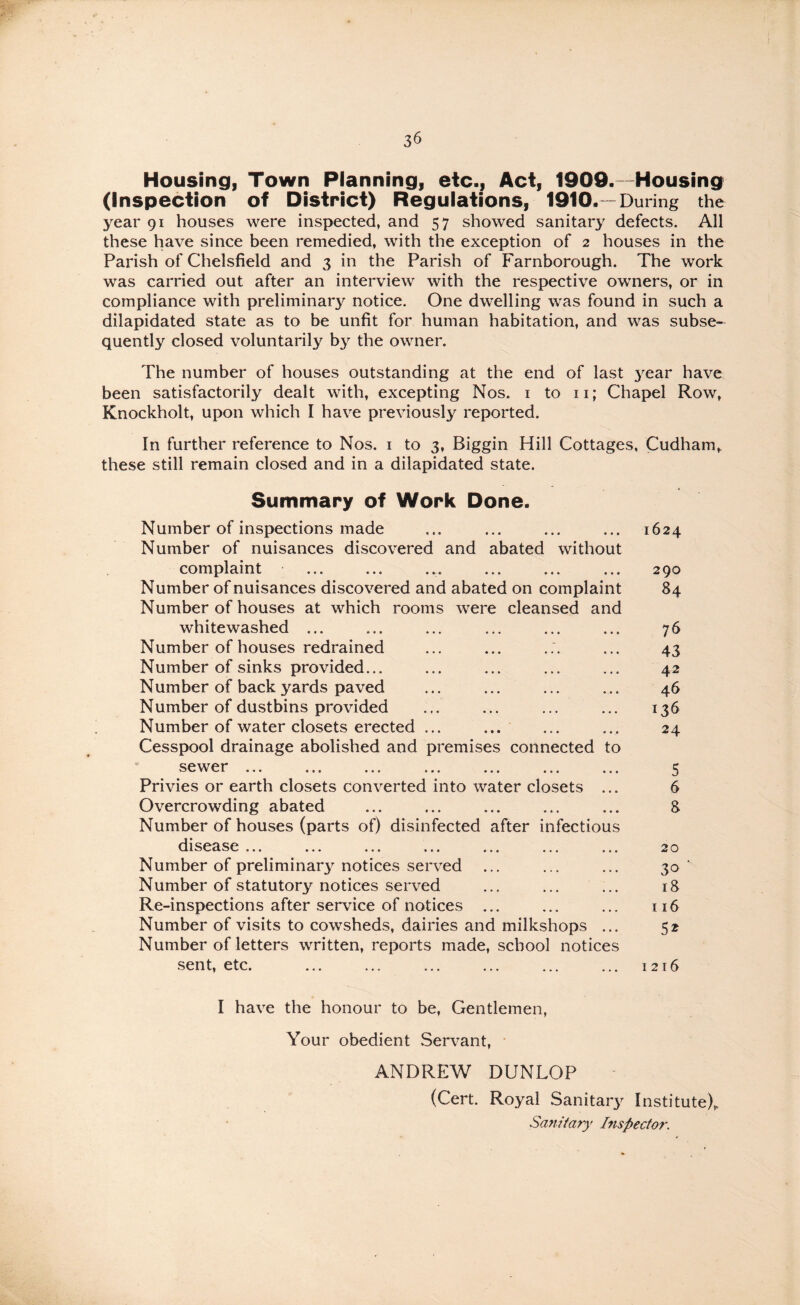 Housing, Town Planning, etc.. Act, 1909. -Housing (Inspection of District) Regulations, 1910.—During the year 91 houses were inspected, and 57 showed sanitary' defects. All these have since been remedied, with the exception of 2 houses in the Parish of Chelsfield and 3 in the Parish of Farnborough. The work was carried out after an interview with the respective owners, or in compliance with preliminary notice. One dwelling was found in such a dilapidated state as to be unfit for human habitation, and was subse¬ quently closed voluntarily by the owner. The number of houses outstanding at the end of last 3^ear have been satisfactorily dealt with, excepting Nos. i to 11; Chapel Row, Knockholt, upon which I have previously reported. In further reference to Nos. i to 3, Biggin Hill Cottages, Cudham, these still remain closed and in a dilapidated state. Summary of Work Done. Number of inspections made ... ... ... ... 1624 Number of nuisances discovered and abated without complaint ... ... ... ... ... ... 290 Number of nuisances discovered and abated on complaint 84 Number of houses at which rooms were cleansed and whitewashed ... ... ... ... ... ... 76 Number of houses redrained ... ... ... 43 Number of sinks provided... ... ... ... ... 42 Number of back yards paved ... ... ... ... 46 Number of dustbins provided ... ... ... ... 136 Number of water closets erected ... ... ... ... 24 Cesspool drainage abolished and premises connected to sewer ... ... ... ... ... ... ... 5 Privies or earth closets converted into water closets ... 6 Overcrowding abated ... ... ... ... ... 8 Number of houses (parts of) disinfected after infectious disease ... ... ... ... ... ... ... 20 Number of preliminary^ notices served ... ... ... 3a ‘ Number of statutory notices served ... ... ... 18 Re-inspections after service of notices ... ... ... 116 Number of visits to cowsheds, dairies and milkshops ... 52 Number of letters written, reports made, school notices sent, etc. ... ... ... ... ... ... 1216 I have the honour to be. Gentlemen, Your obedient Servant, • ANDREW DUNLOP (Cert. Royal Sanitary Institute),