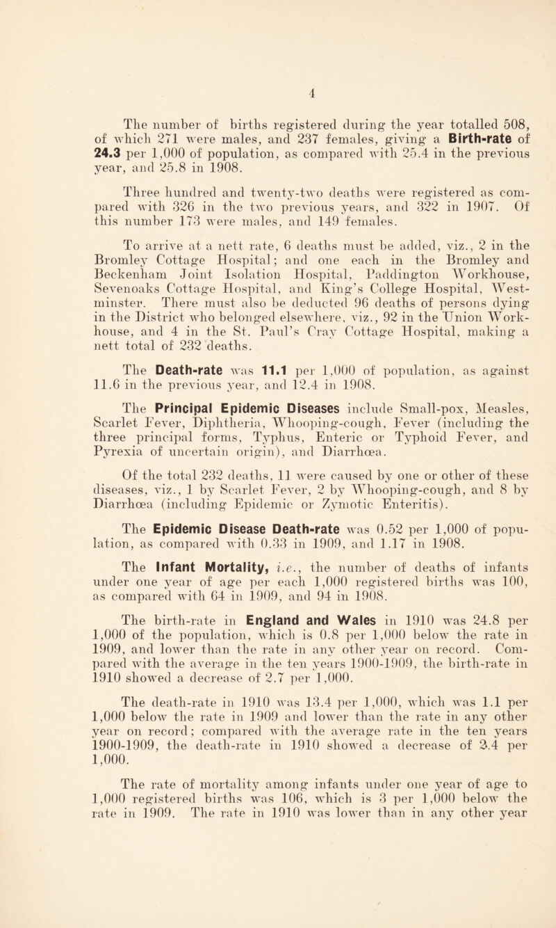 The number of births registered during the year totalled 508, of which 271 were males, and 237 females, giving a Birth-rate of 24.3 per 1,000 of population, as compared with 25.4 in the previous year, and 25.8 in 1908. Three hundred and twenty-two deaths were registered as com¬ pared with 326 in the two previous years, and 322 in 1907. Of this number 173 were males, and 149 females. To arrive at a nett rate, 6 deaths must be added, viz., 2 in the Bromley Cottage Hospital; and one each in the Bromley and Beckenham Joint Isolation Hospital, Paddington Workhouse, Sevenoaks Cottage Hospital, and King’s College Hospital, West¬ minster. There must also be deducted 96 deaths of persons dying in the District who belonged elsewhere, viz., 92 in the Union Work- house, and 4 in the St. Paul’s Cray Cottage Hospital, making a nett total of 232 deaths. The Death-rate was 11.1 per 1,000 of population, as against 11.6 in the previous year, and 12.4 in 1908. The Principal Epidemic Diseases include Small-pox, Measles, Scarlet Fever, Diphtheria, Whooping-cough, Fever (including the three principal forms, Typhus, Enteric or Typhoid Fever, and Pyrexia of uncertain origin), and Diarrhoea. Of the total 232 deaths, 11 were caused by one or other of these diseases, viz., 1 by Scarlet Fever, 2 by Whooping-cough, and 8 by Diarrhoea (including Epidemic or Zymotic Enteritis). The Epidemic Disease Death-rate was 0.52 per 1,000 of popu¬ lation, as compared with 0.33 in 1909, and 1.17 in 1908. The Infant Mortality, i.e., the number of deaths of infants under one year of age per each 1,000 registered births was 100, as compared with 64 in 1909, and 94 in 1908. The birth-rate in England and Wales in 1910 was 24.8 per 1,000 of the population, which is 0.8 per 1,000 below the rate in 1909, and lower than the rate in anv other year on record. Com- pared with the average in the ten years 1900-1909, the birth-rate in 1910 showed a decrease of 2.7 per 1,000. The death-rate in 1910 was 13.4 per 1,000, which was 1.1 per 1,000 below the rate in 1909 and lower than the rate in any other year on record; compared with the average rate in the ten years 1900-1909, the death-rate in 1910 showed a decrease of 2.4 per 1,000. The rate of mortality among infants under one year of age to 1,000 registered births was 106, which is 3 per 1,000 below the rate in 1909. The rate in 1910 was lower than in any other year